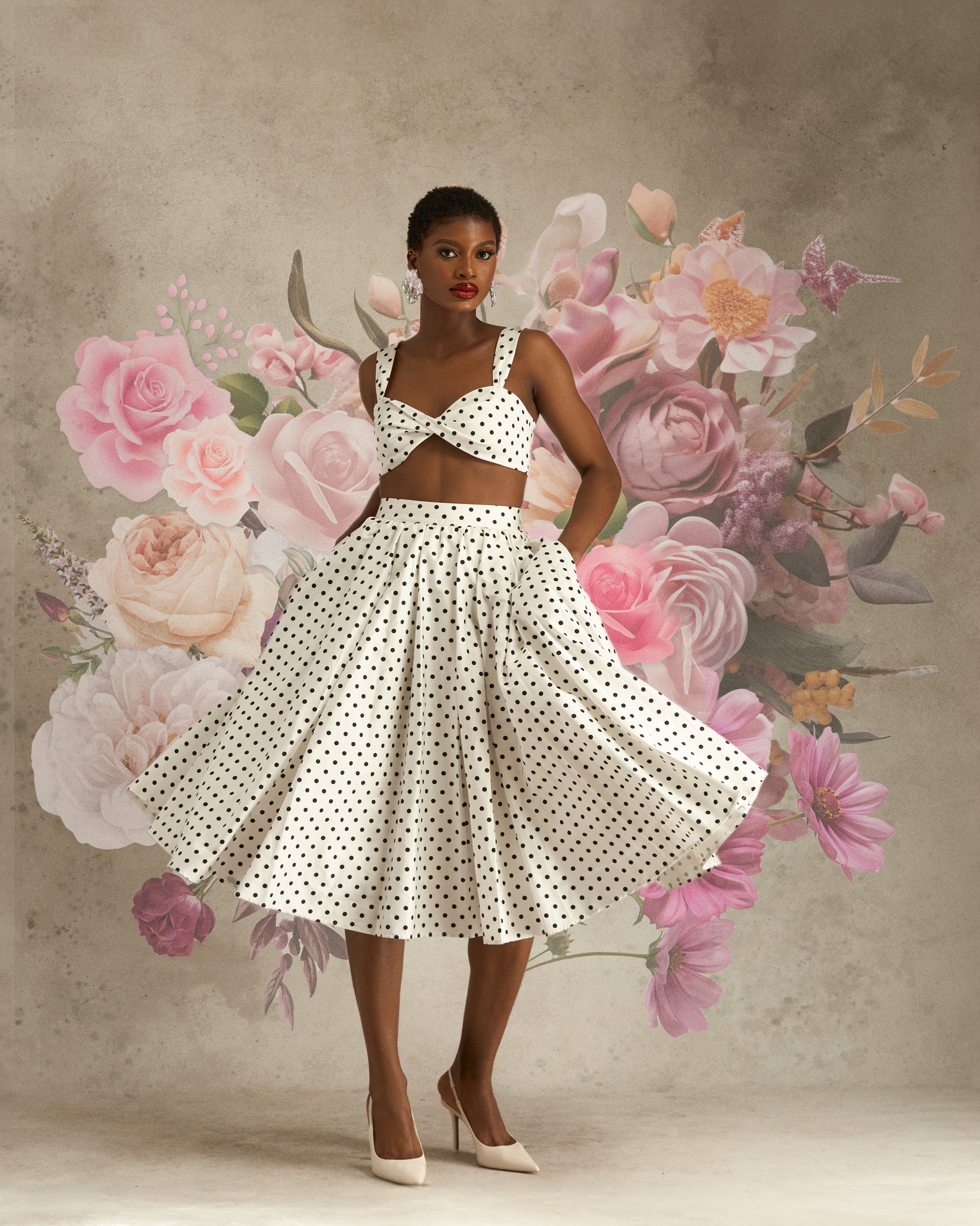 Shantel Crop Top & Midi Skirt Cotton Co-ord In Polka