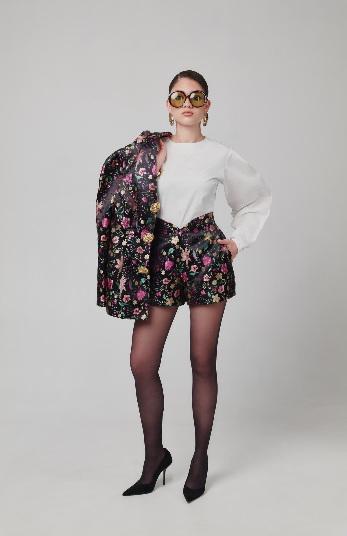 Stella Jacquard Floral Cinched Blazer With Statement Gold Buttons
