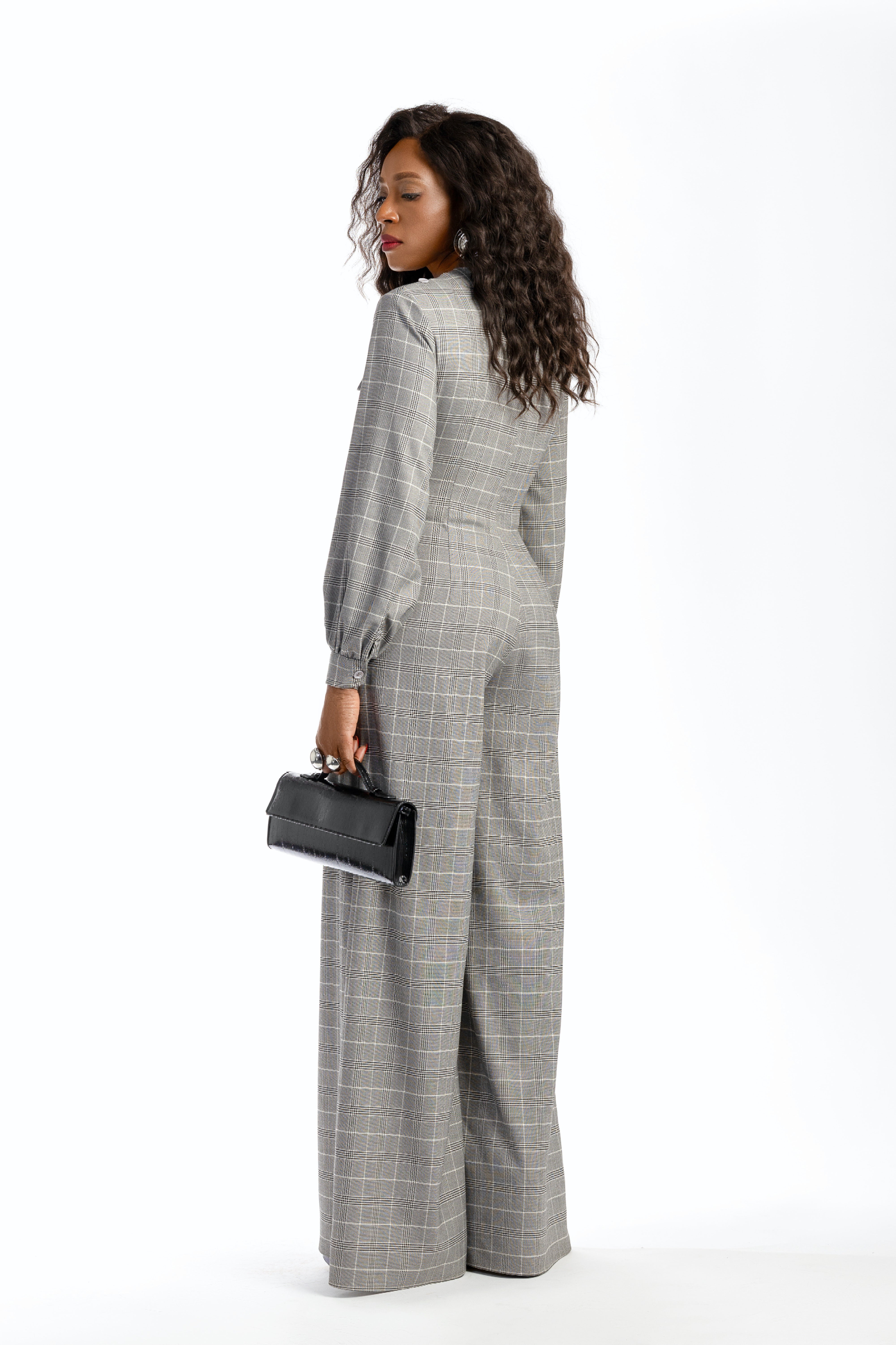 Sasha Wide Leg Check Jumpsuit With Detachable Scarf