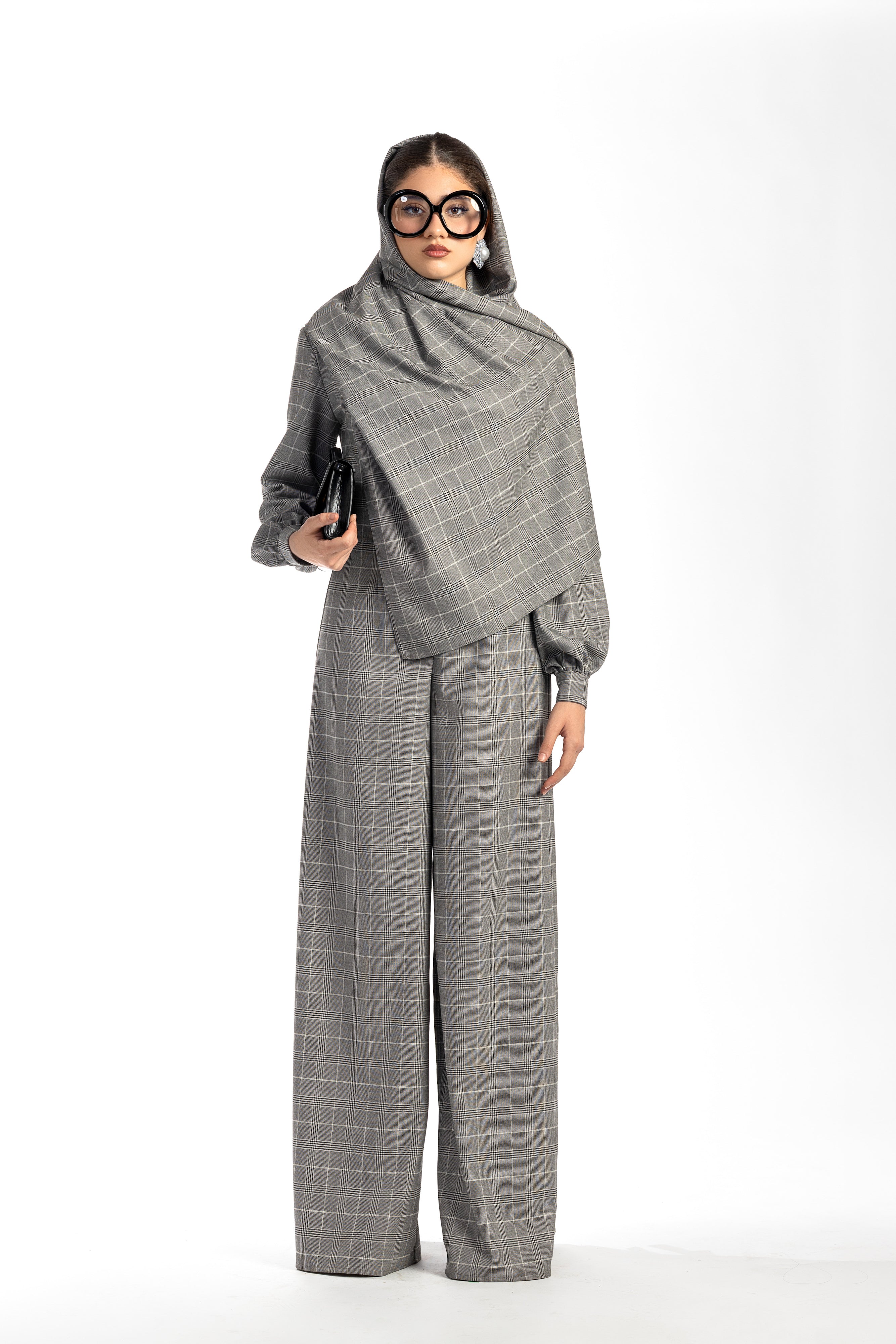 Sasha Wide Leg Check Jumpsuit With Detachable Scarf
