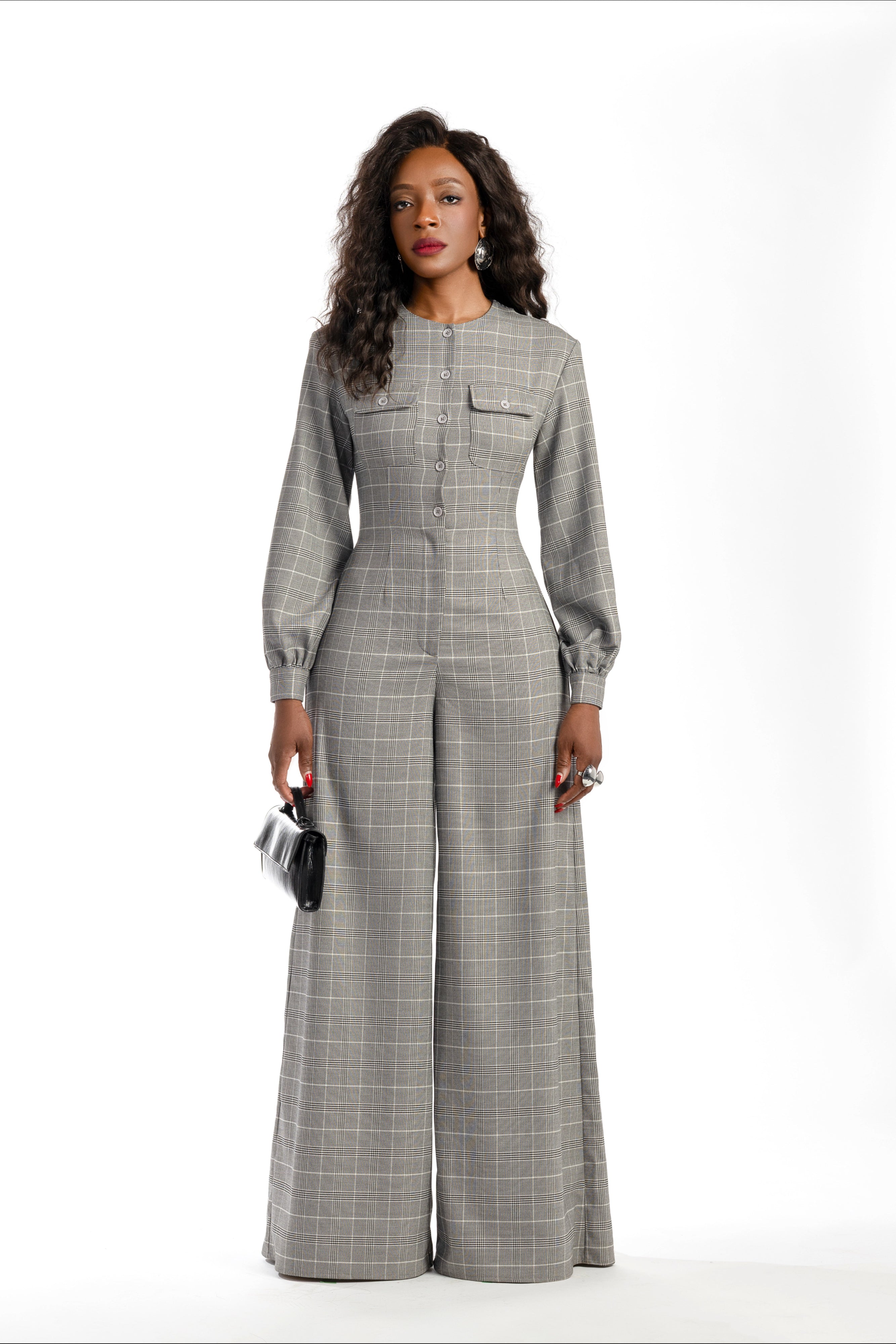 Sasha Wide Leg Check Jumpsuit With Detachable Scarf