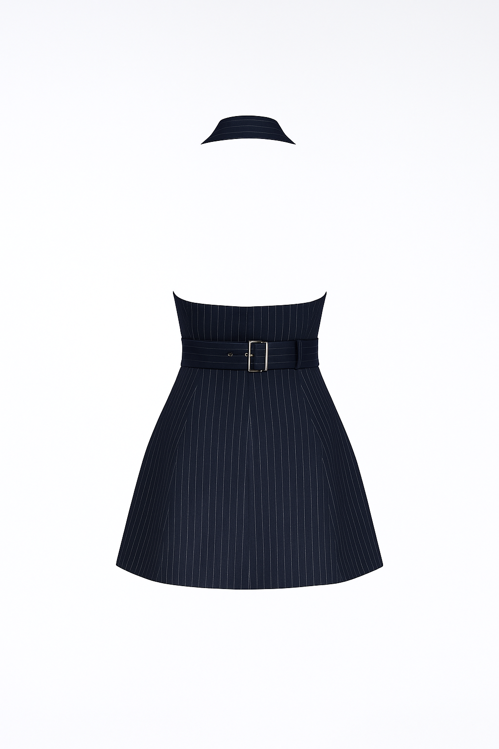 Claudia Navy Blue Pinstripe Halter neck belted mini dress