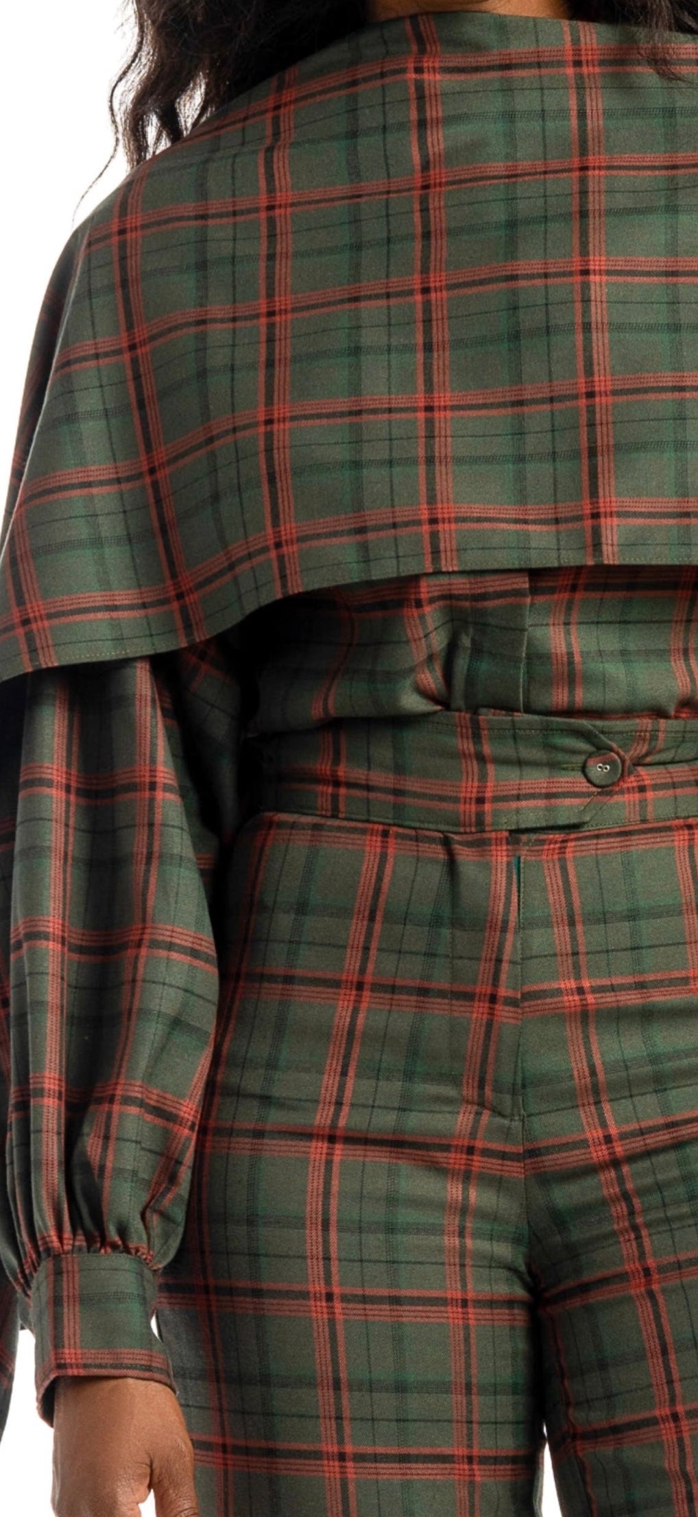 Taylor Plaid Button Down Blouse With Detachable Scarf & Hat