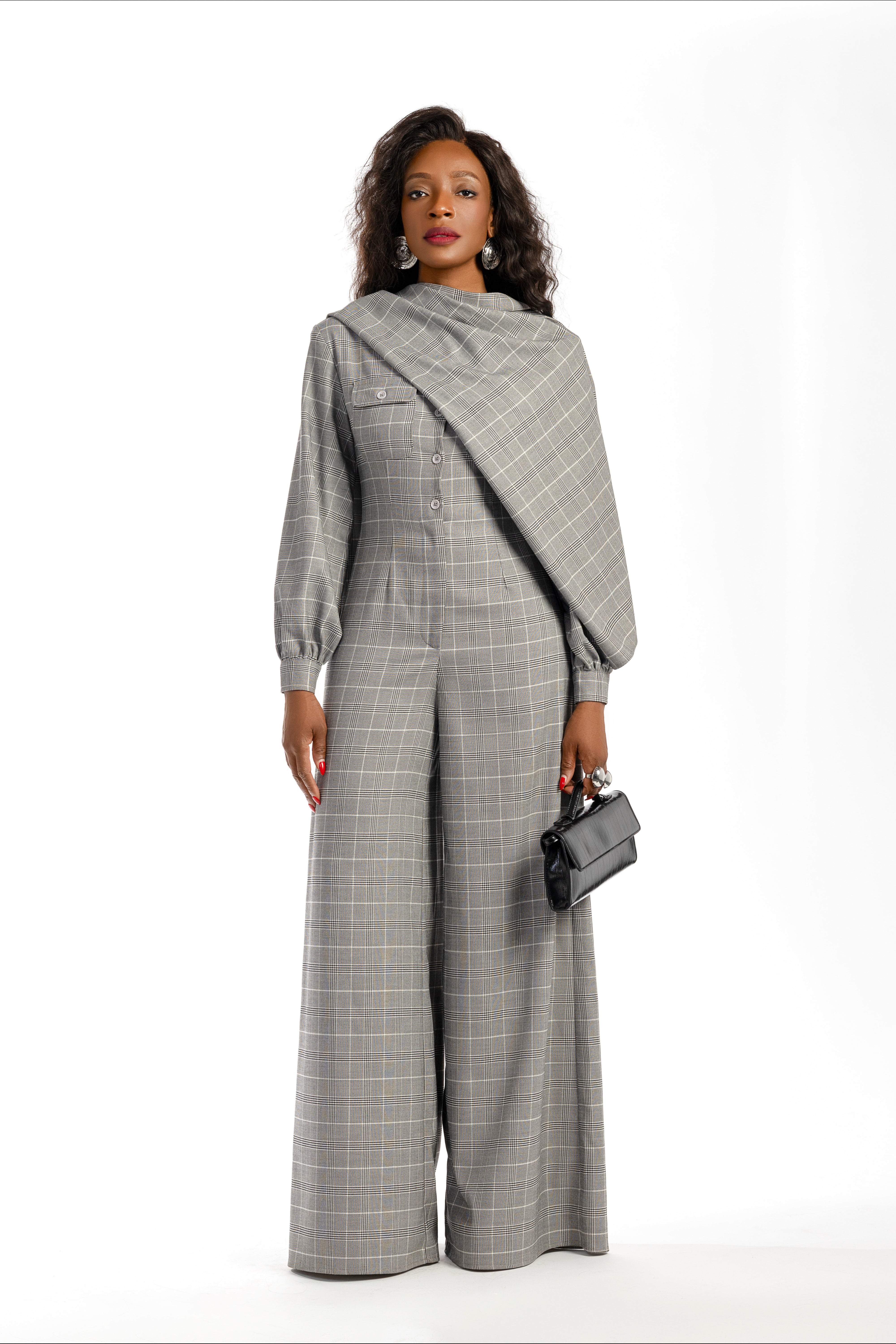 Sasha Wide Leg Check Jumpsuit With Detachable Scarf