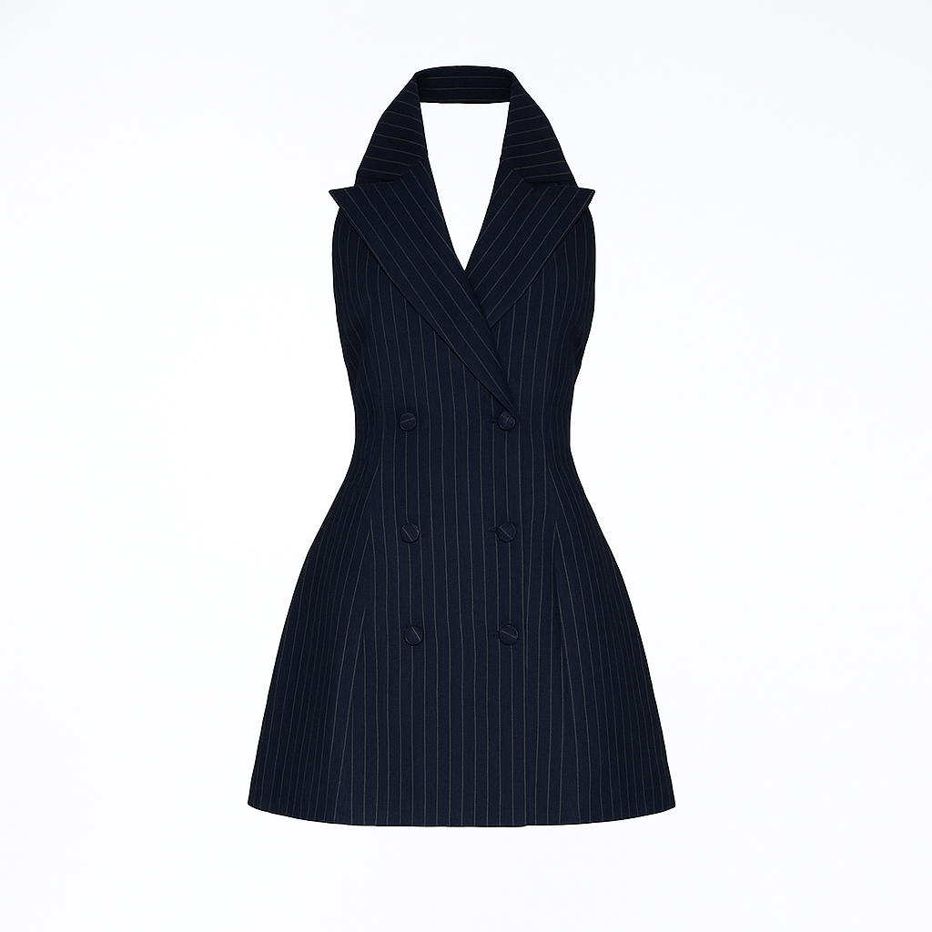 Claudia Navy Blue Pinstripe Halter neck belted mini dress