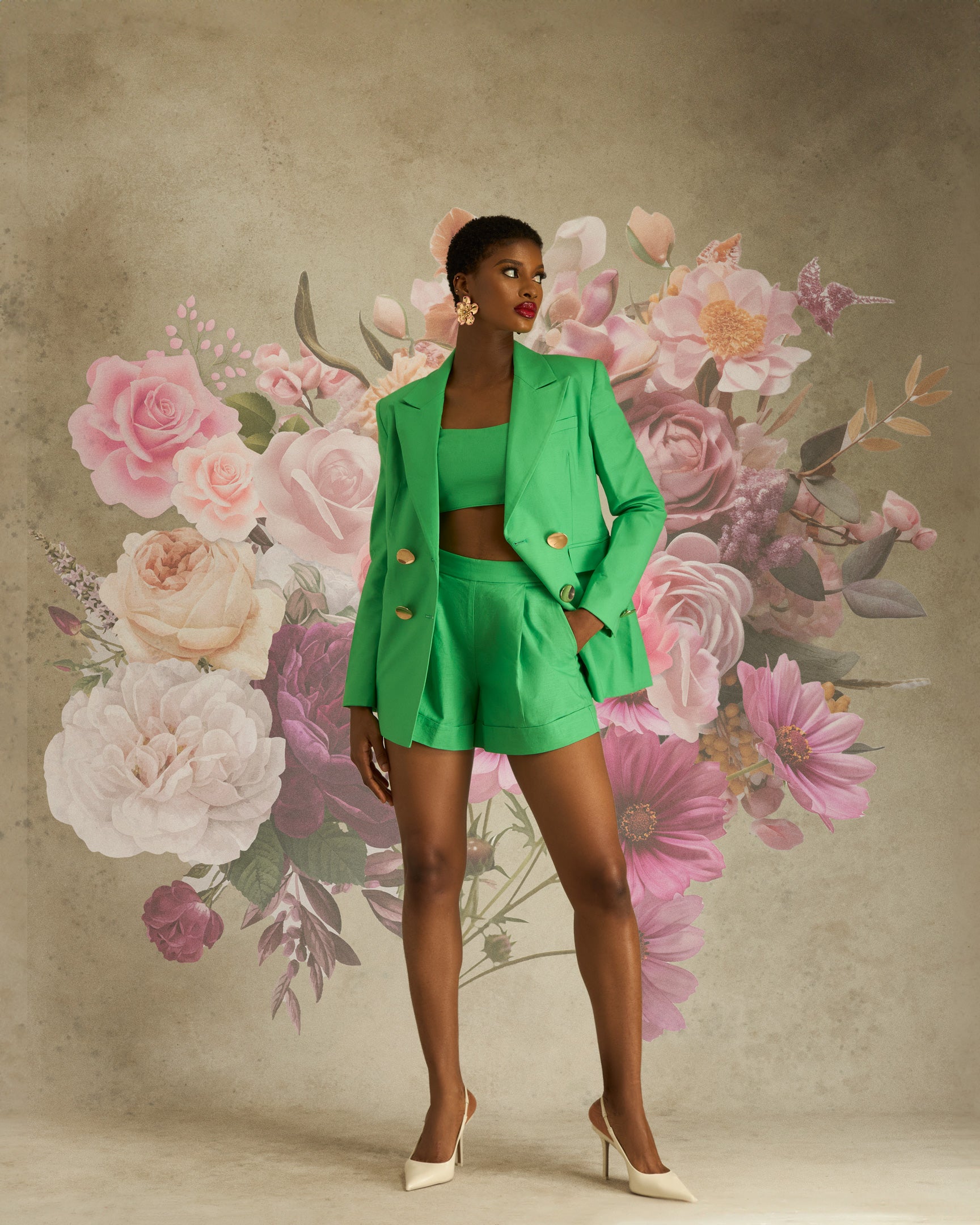 Nia Three Piece Cotton & Linen Blend Blazer, Top & Shorts Co-ord