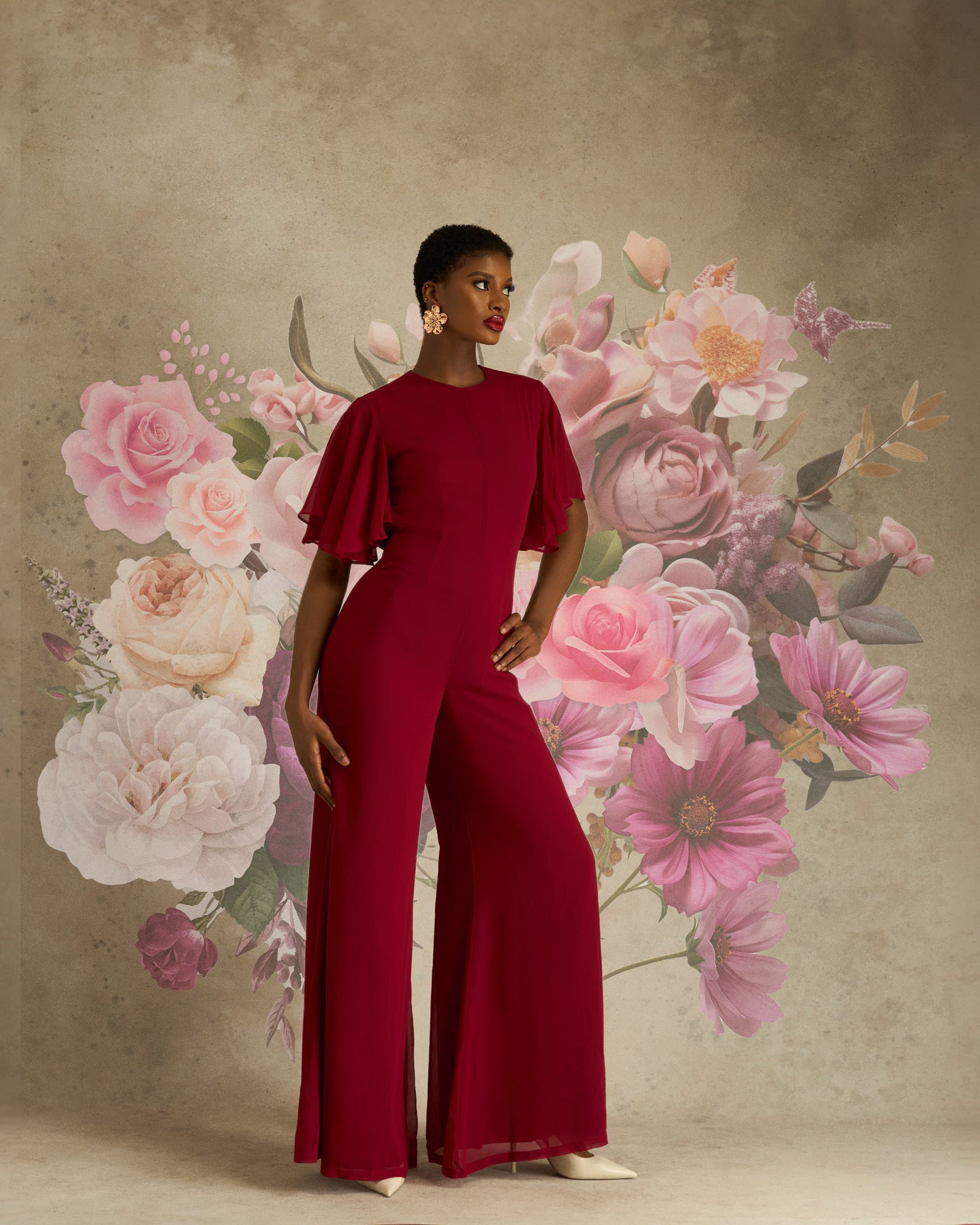 Eli Backless Chiffon Jumpsuit In Red