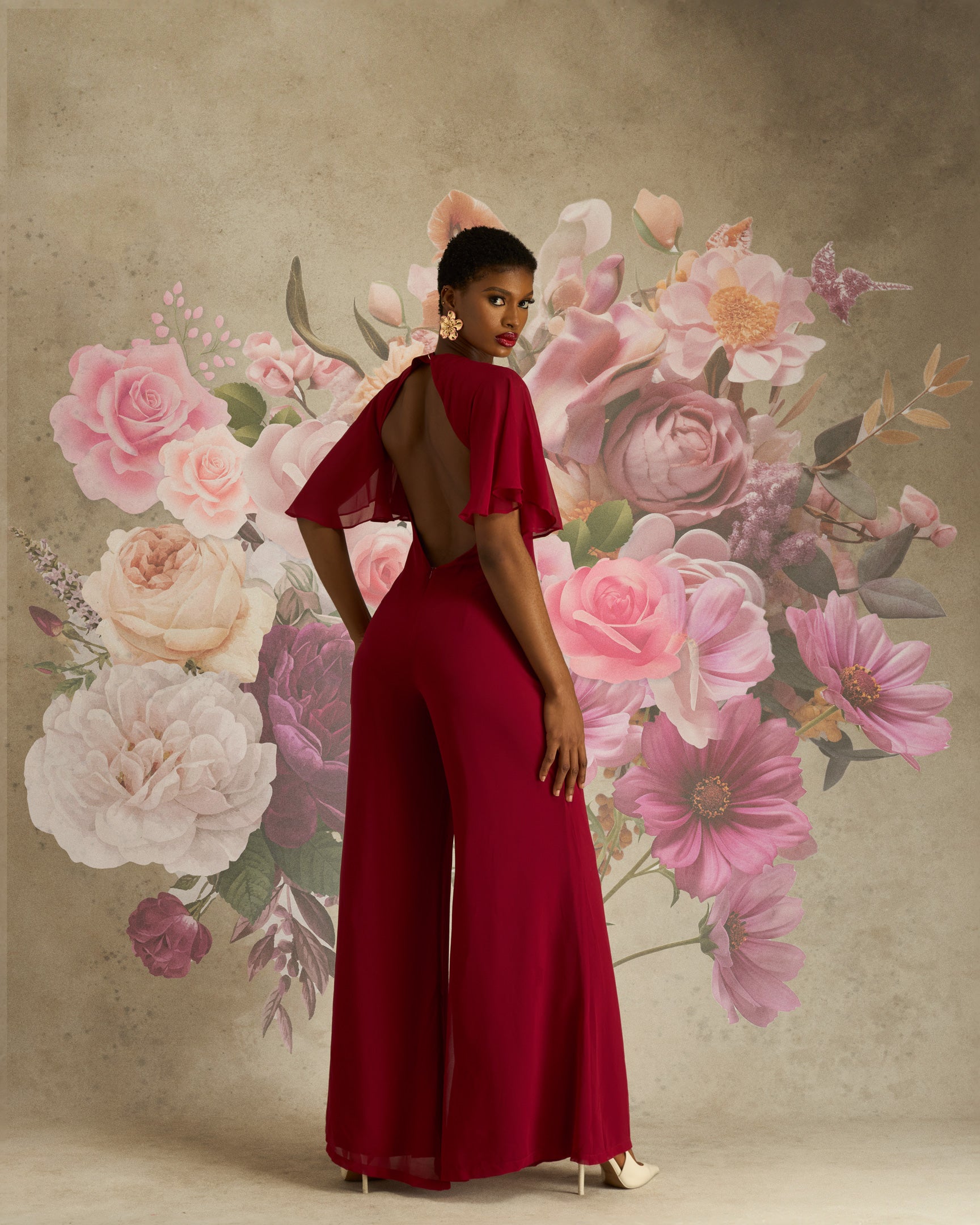 Eli Backless Chiffon Jumpsuit In Red