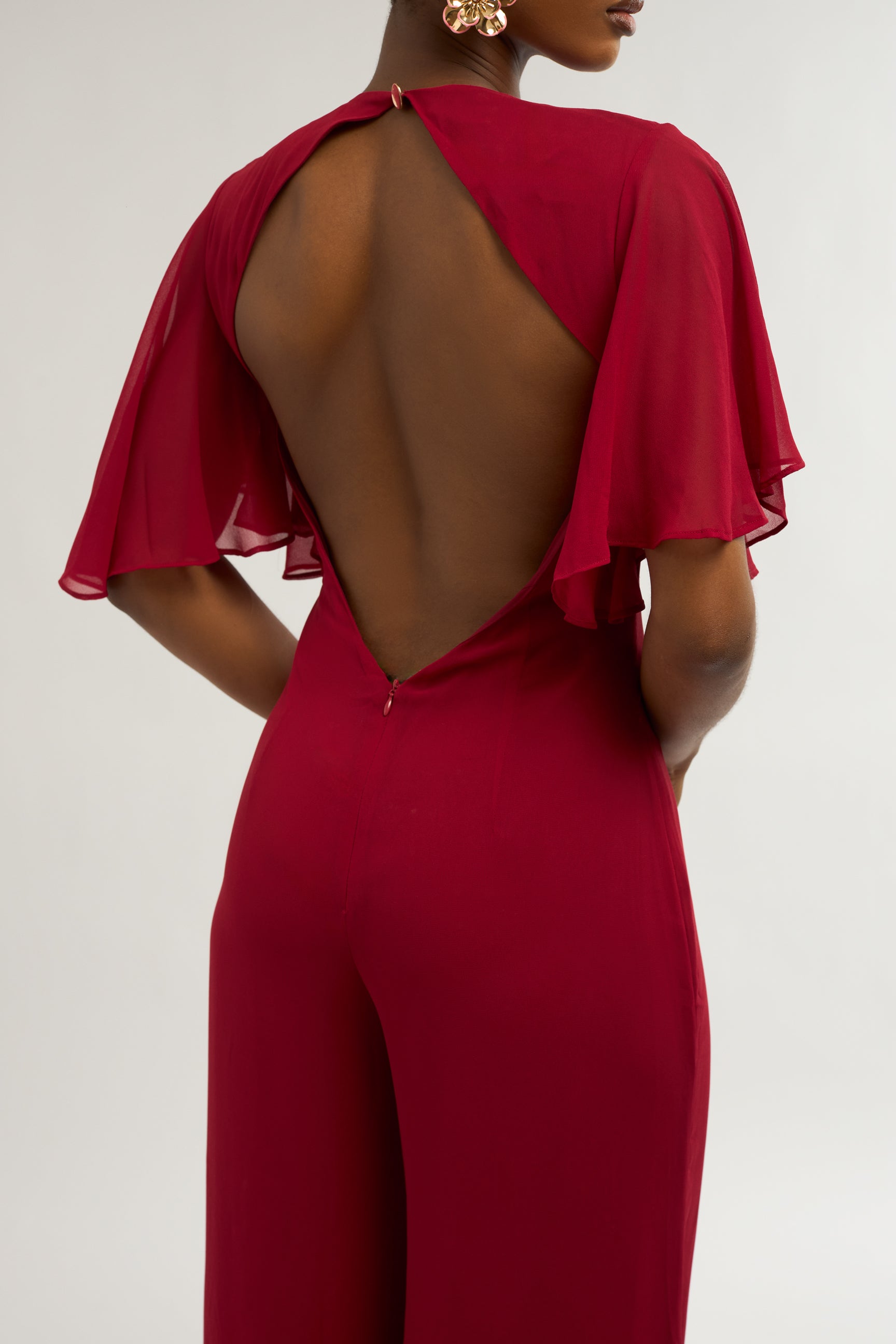 Eli Backless Chiffon Jumpsuit In Red
