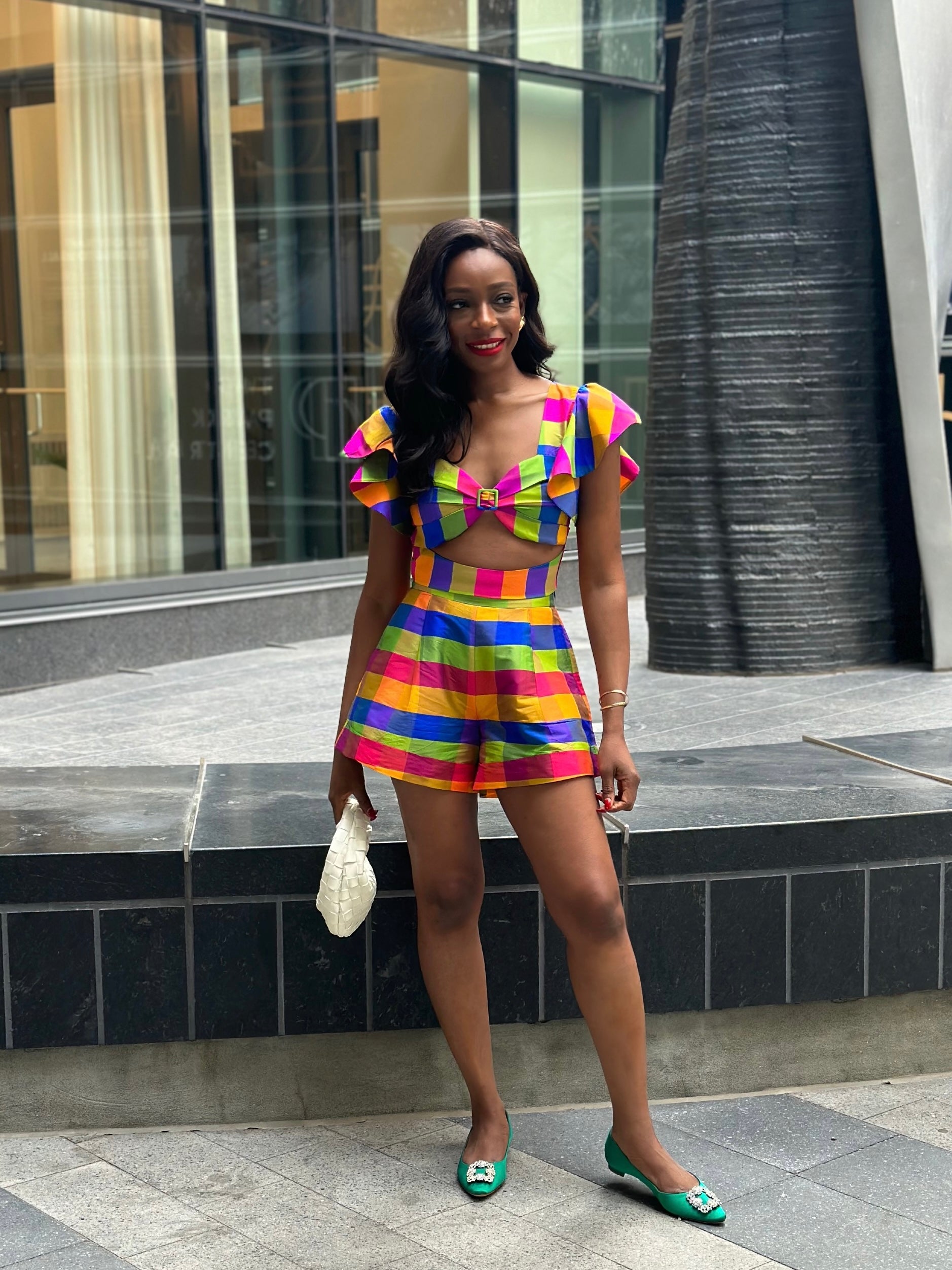 Pali Check Gingham Multi Color Cut-Out Blouse