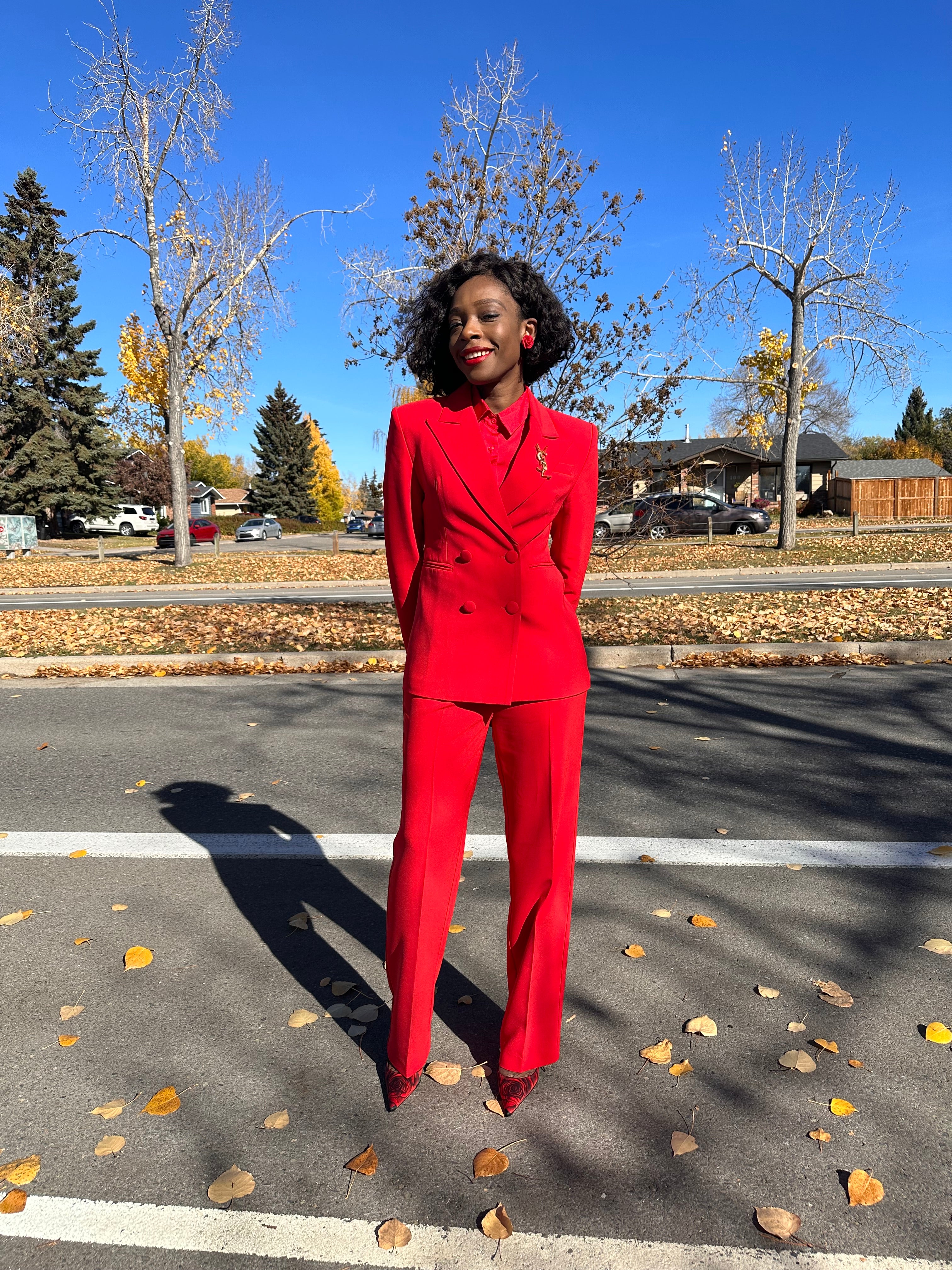 Chikito Crepe Double-Breasted Tailored Suit In Red (Blazer & Pants)