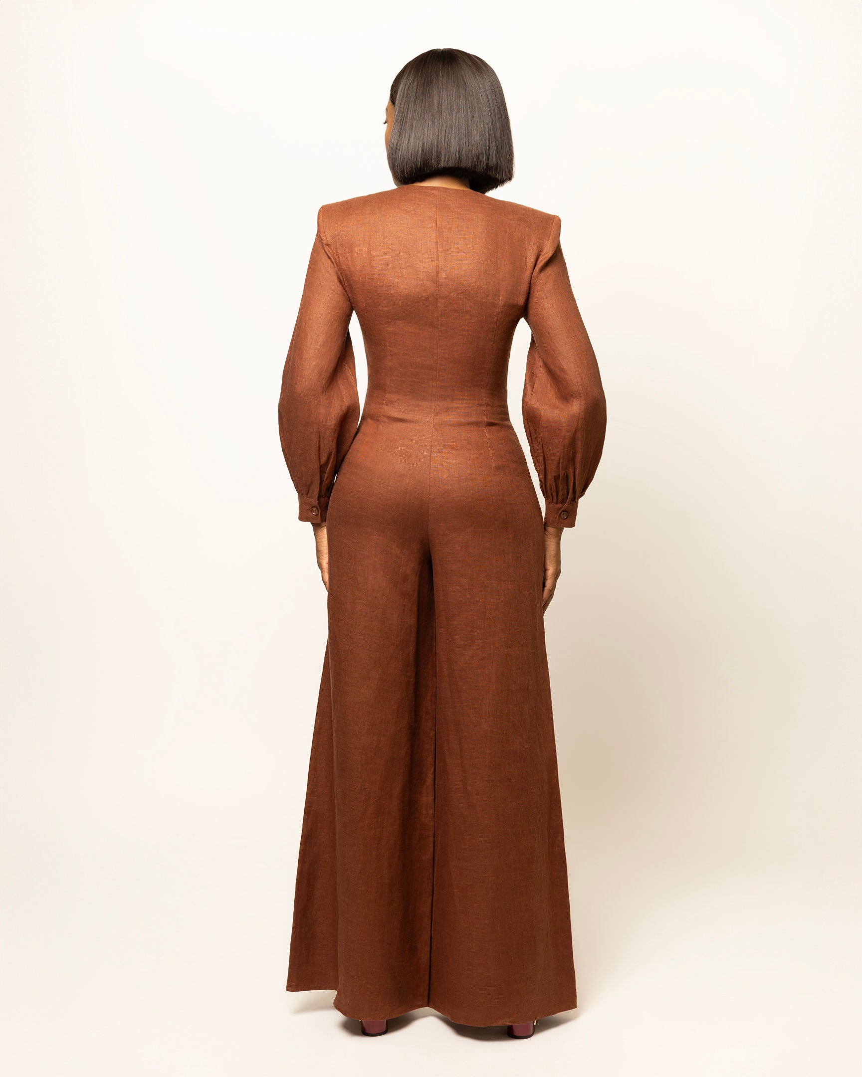 Sasha Wide Leg Linen Jumpsuit With Shoulder Pads- Cocoa