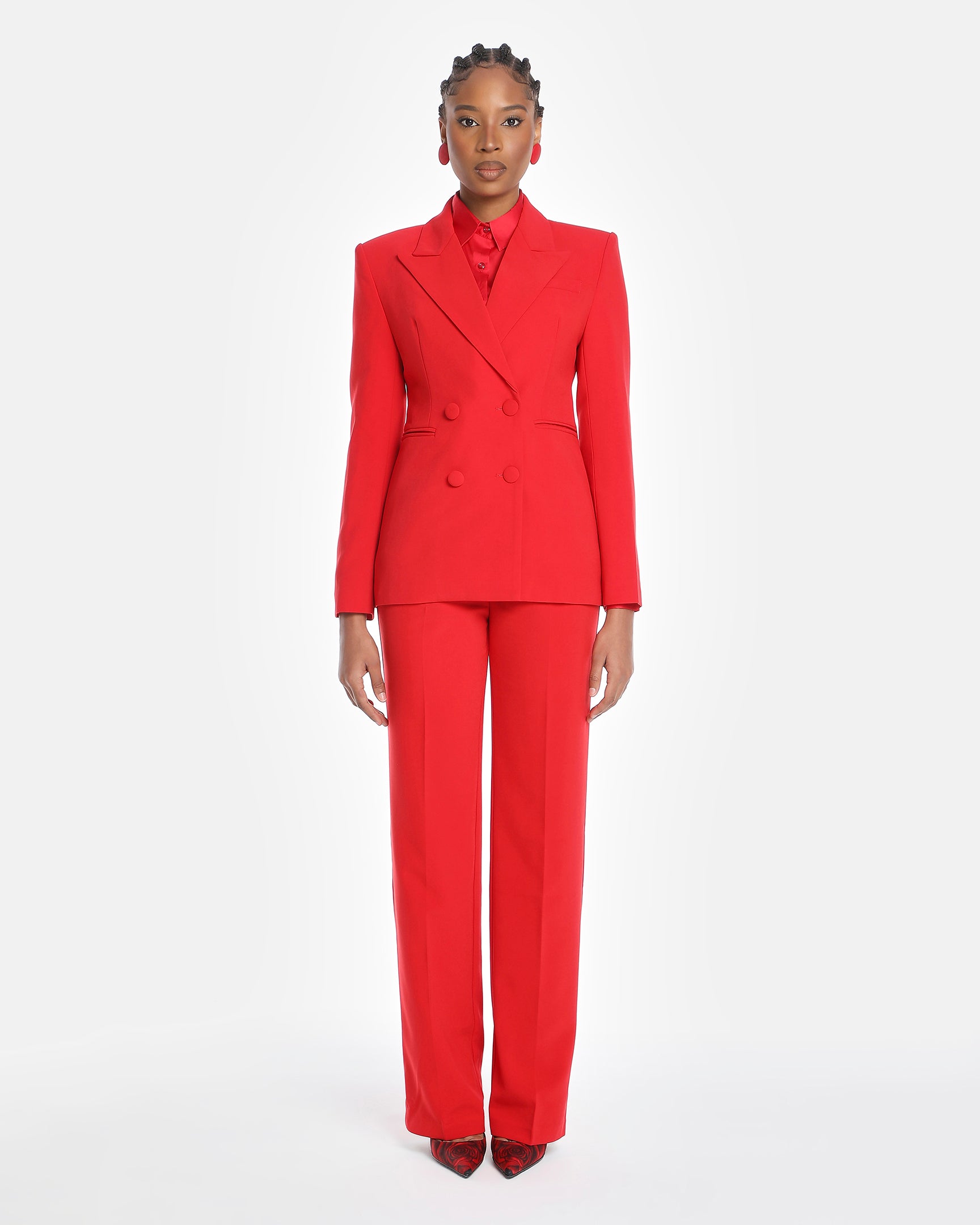 Chikito Crepe Double-Breasted Tailored Suit In Red (Blazer & Pants)