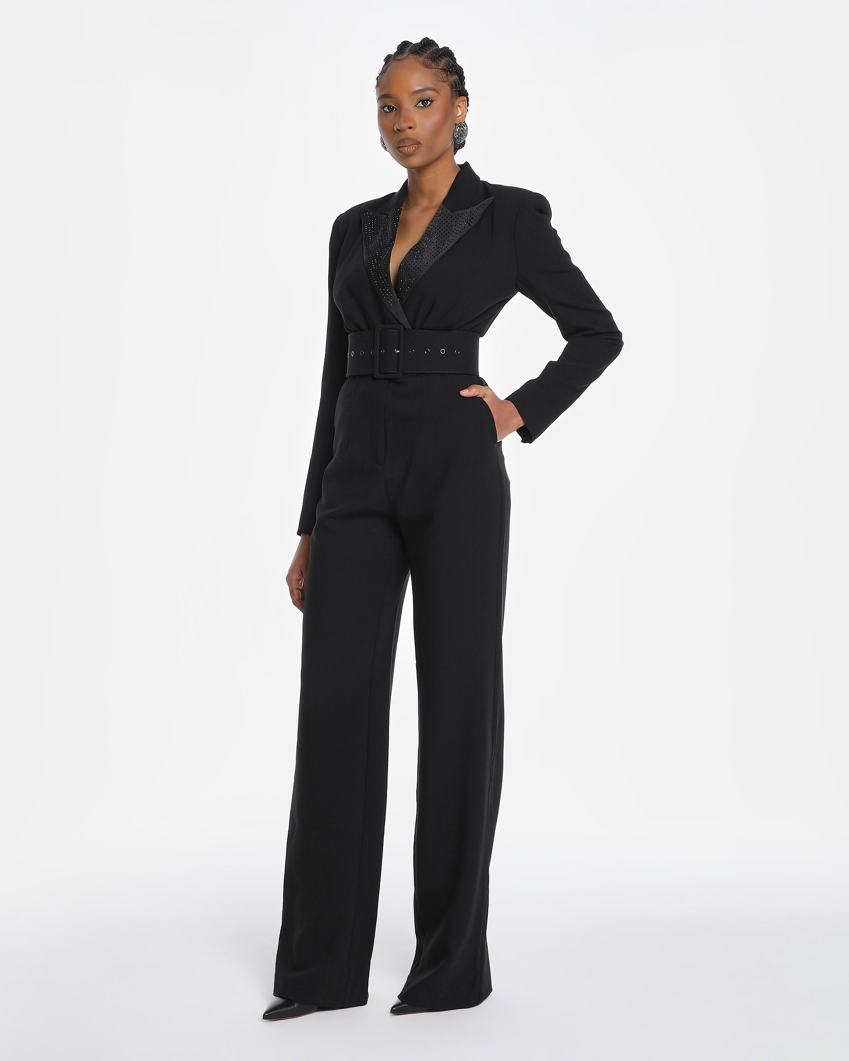 Amaal Rhinestone Collar Crepe Belted Jumpsuit In Black
