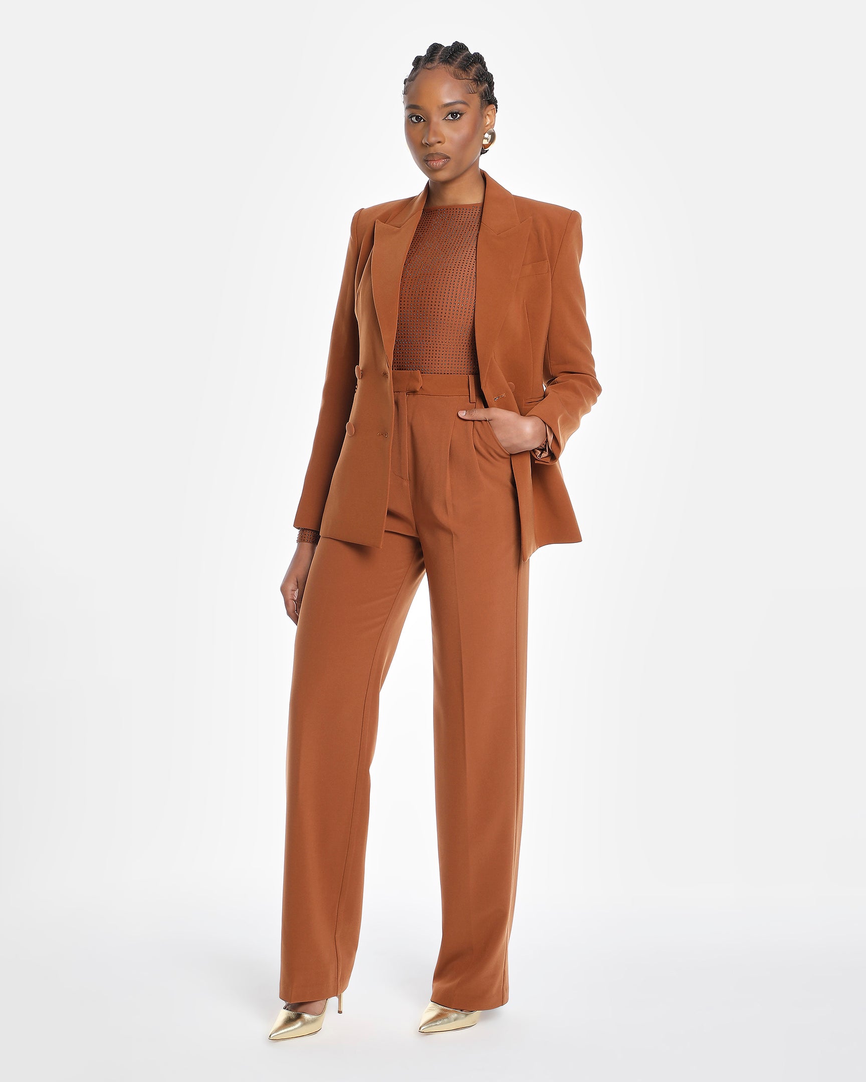 Chikito Crepe Double-Breasted Tailored Suit In Brown (Blazer & Pants)