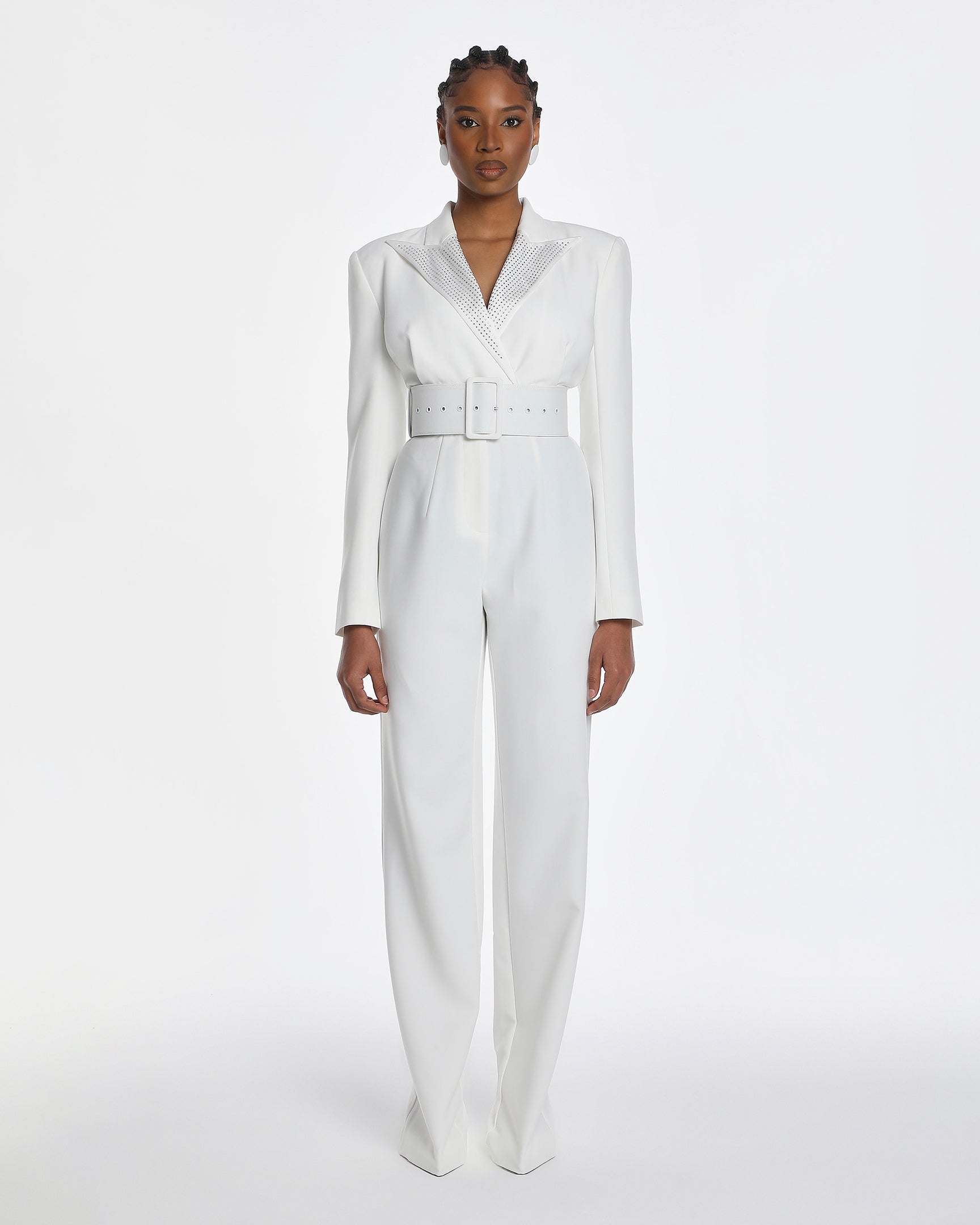 Amaal Rhinestone Collar Crepe Belted Jumpsuit In White