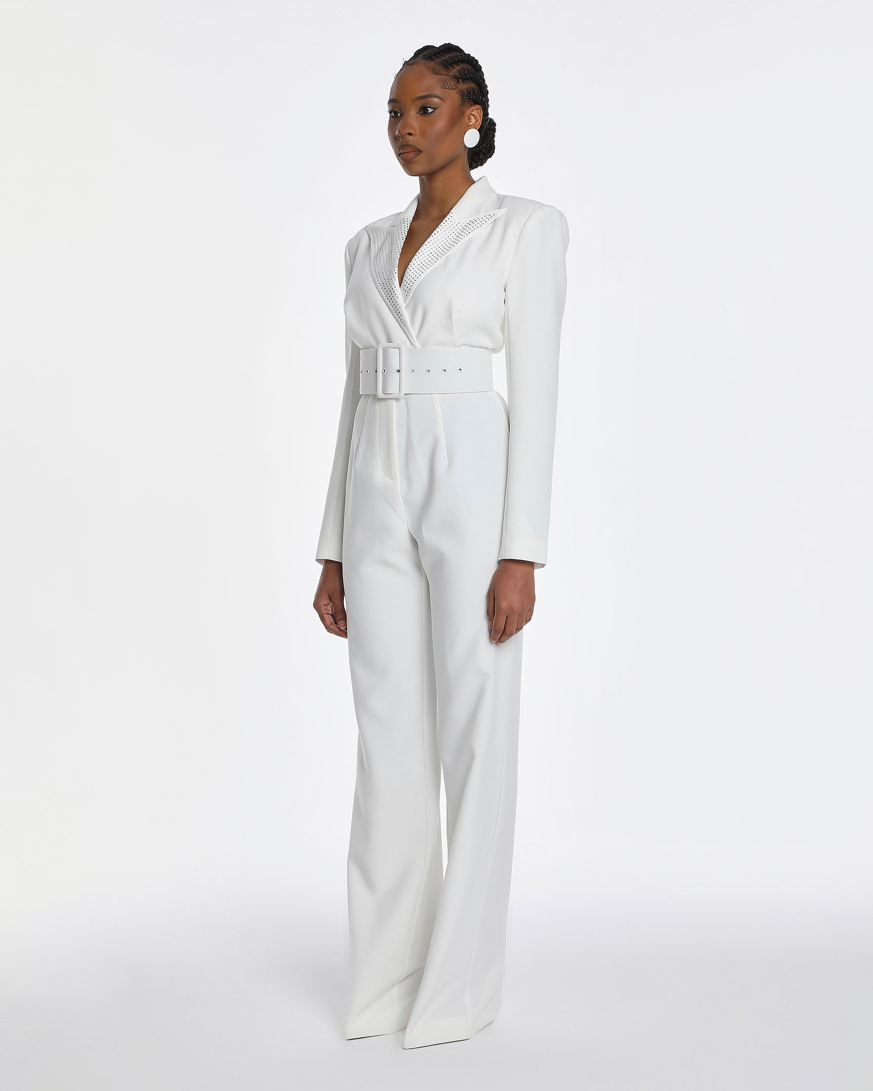 Amaal Rhinestone Collar Crepe Belted Jumpsuit In White