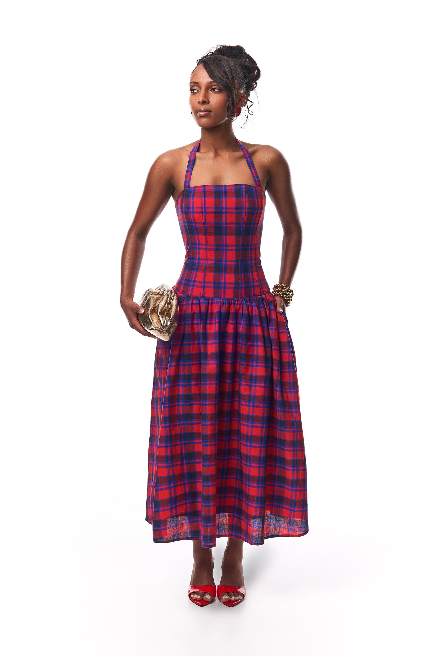 Faith Corset Plaid Midi Cotton Dress With Boning.