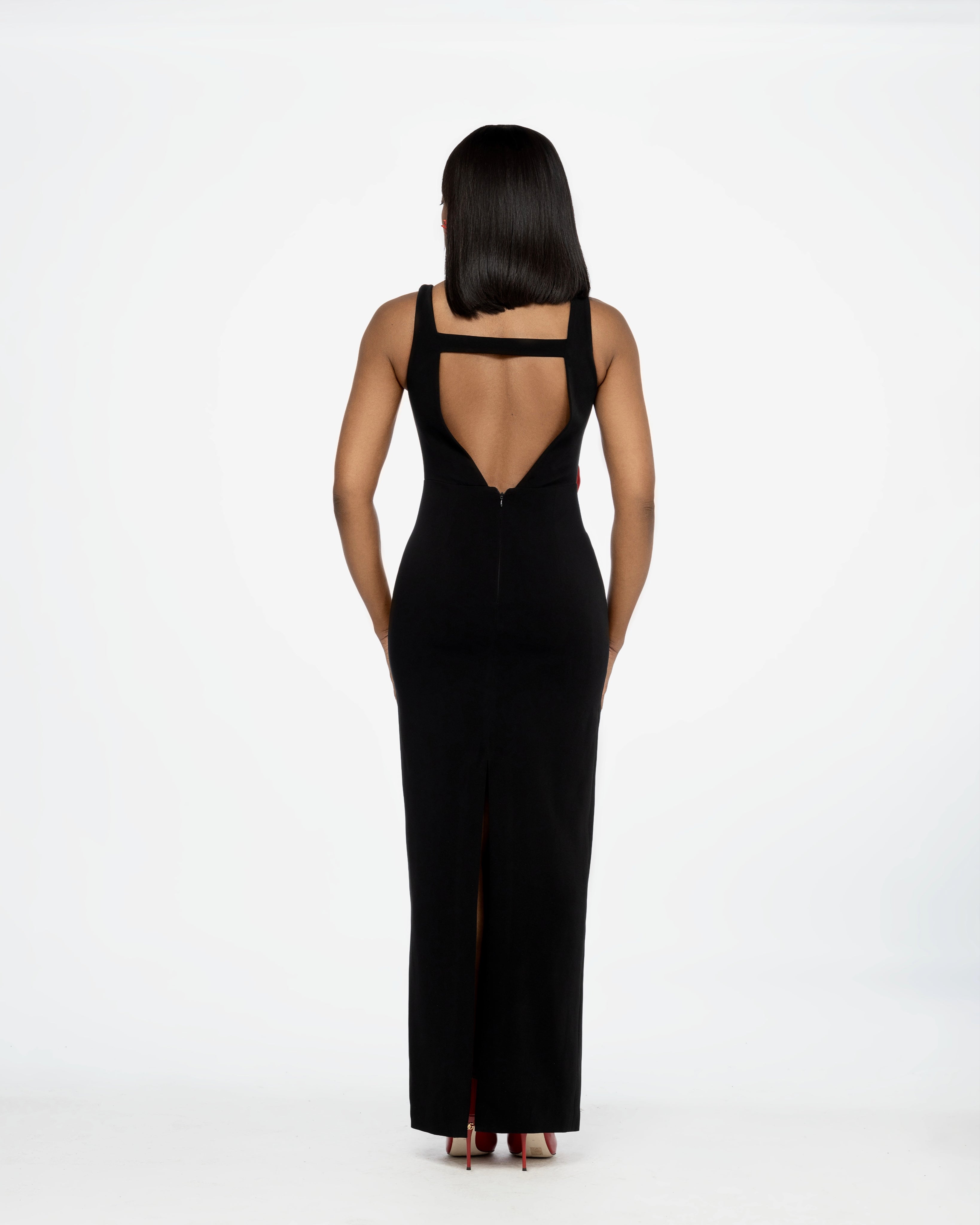 Flora Valentina Crepe Cut Out Maxi Dress In Black & Red