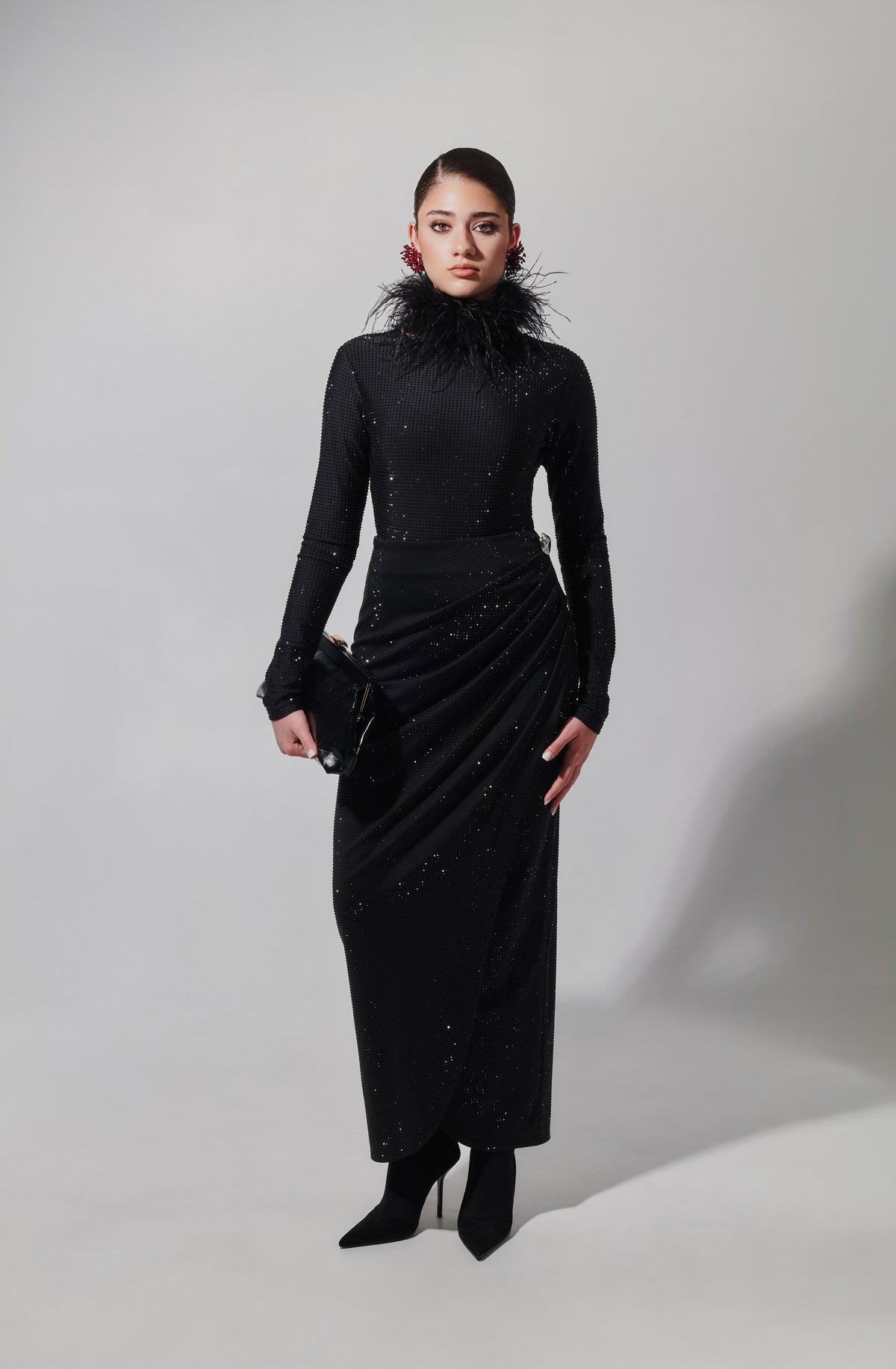 Gina Crystal Embellished stretch skirt In Black