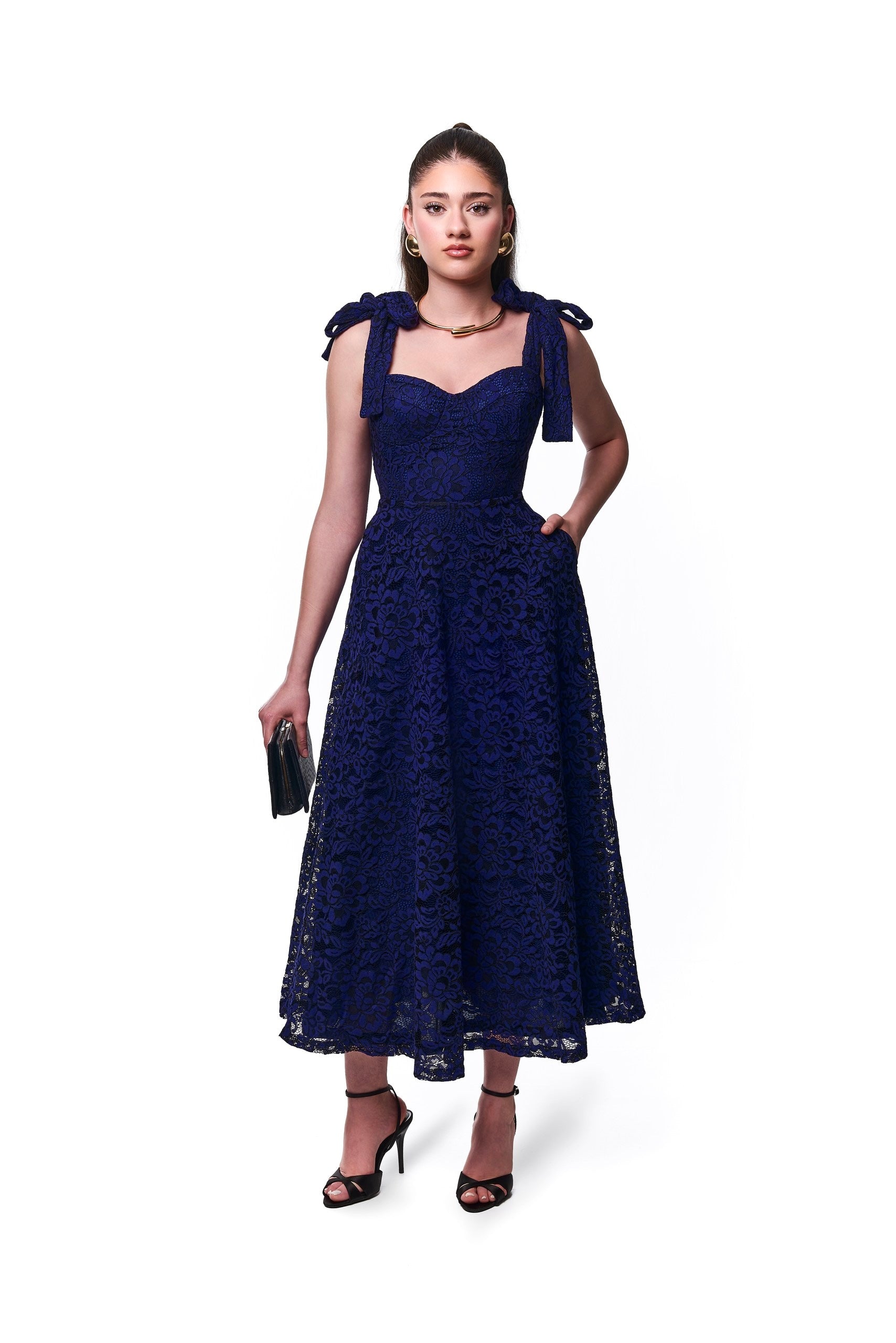 Ashley Lace tie Midi Dress In Blue