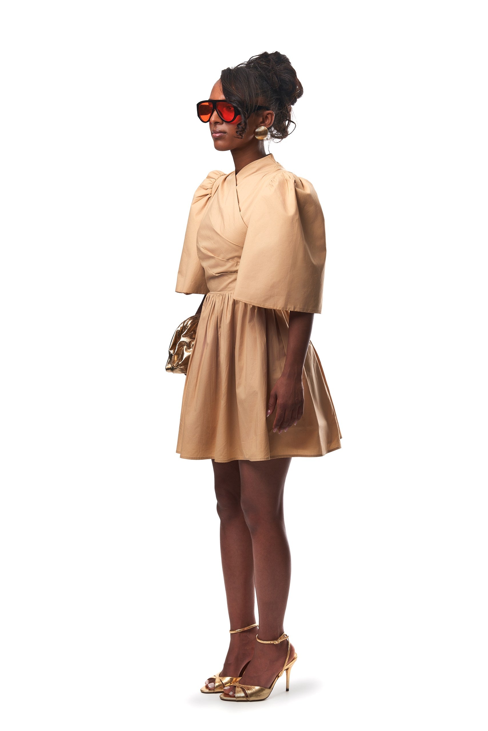 Gozi exaggerated sleeve Cotton Mini Dress In Oat