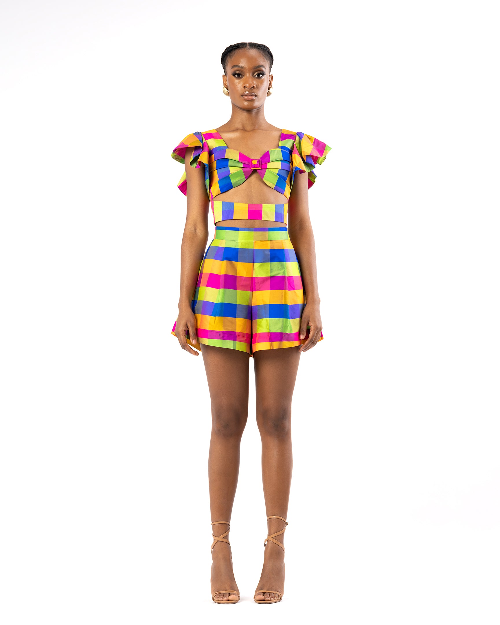 Pali Check Gingham Multi Color Cut-Out Blouse