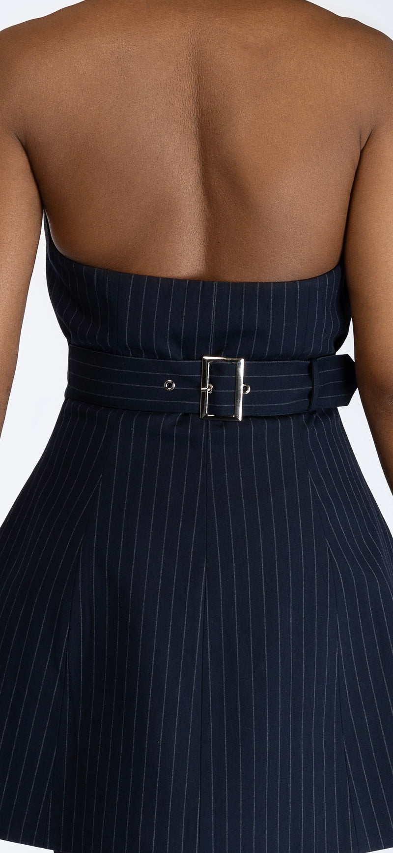 Claudia  Navy Blue Pinstripe Halter neck belted mini dress