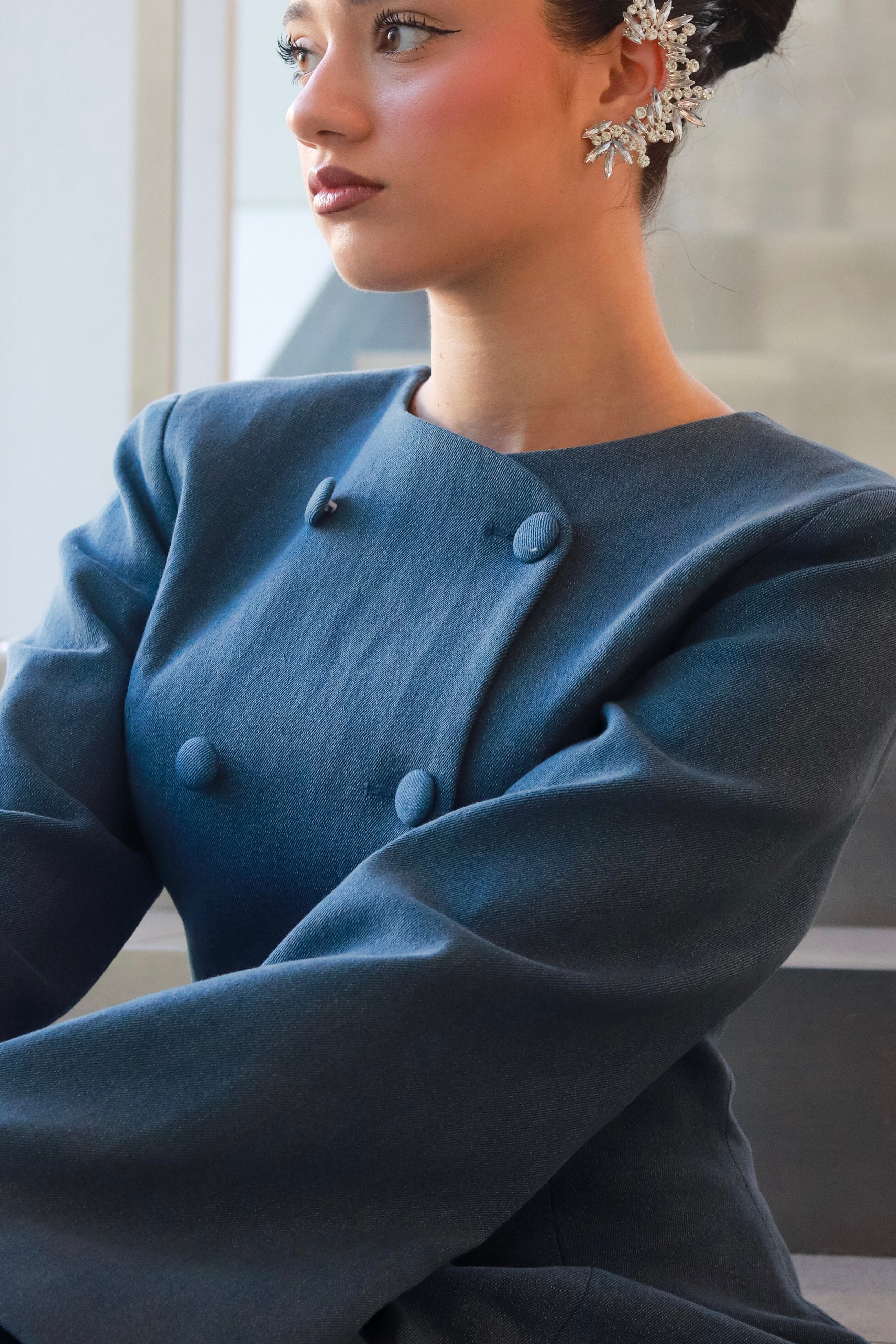 Toni Mini Denim Flared Sleeve Dress In Blue