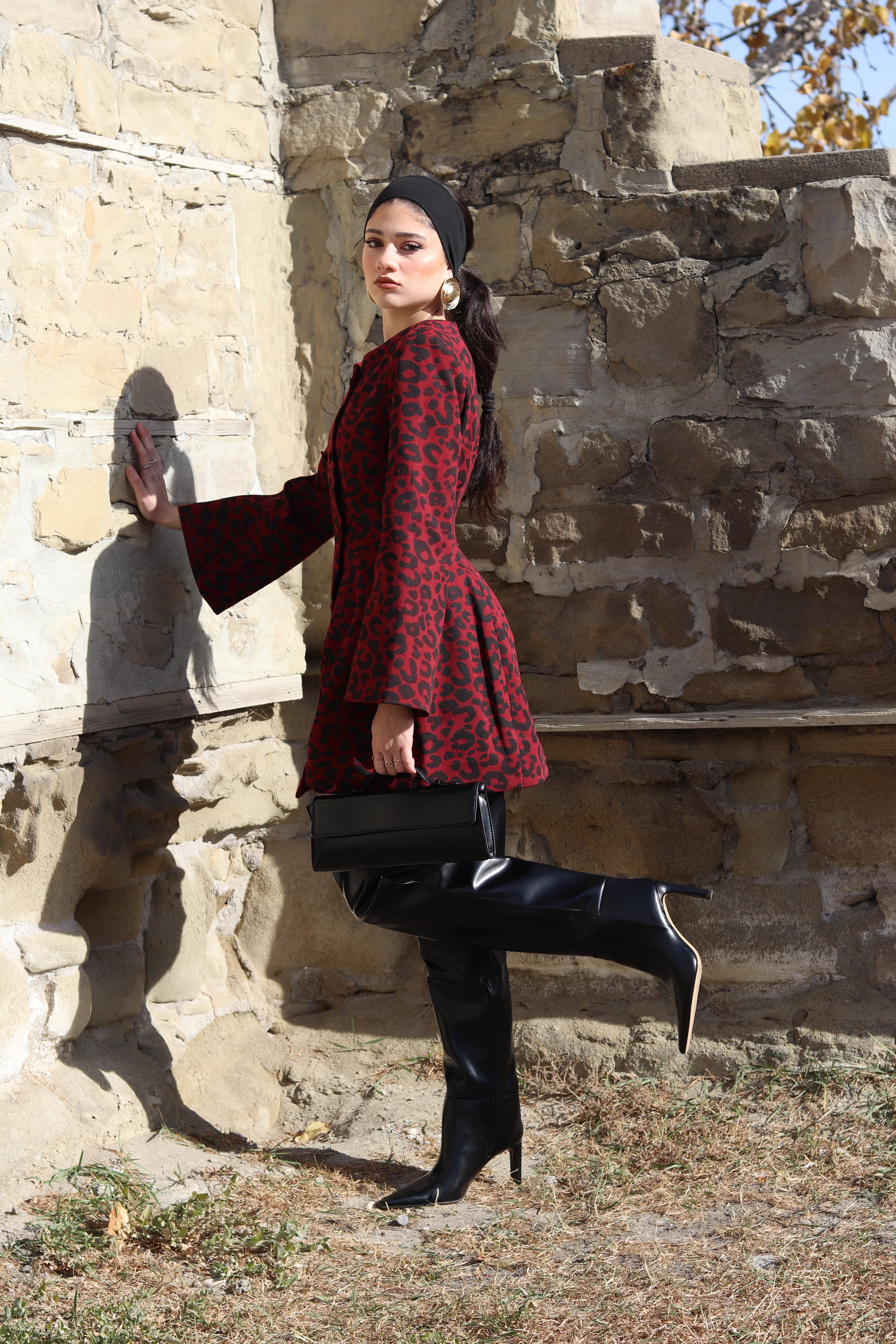 Toni Mini Denim Flared Sleeve Dress In Leopard Print