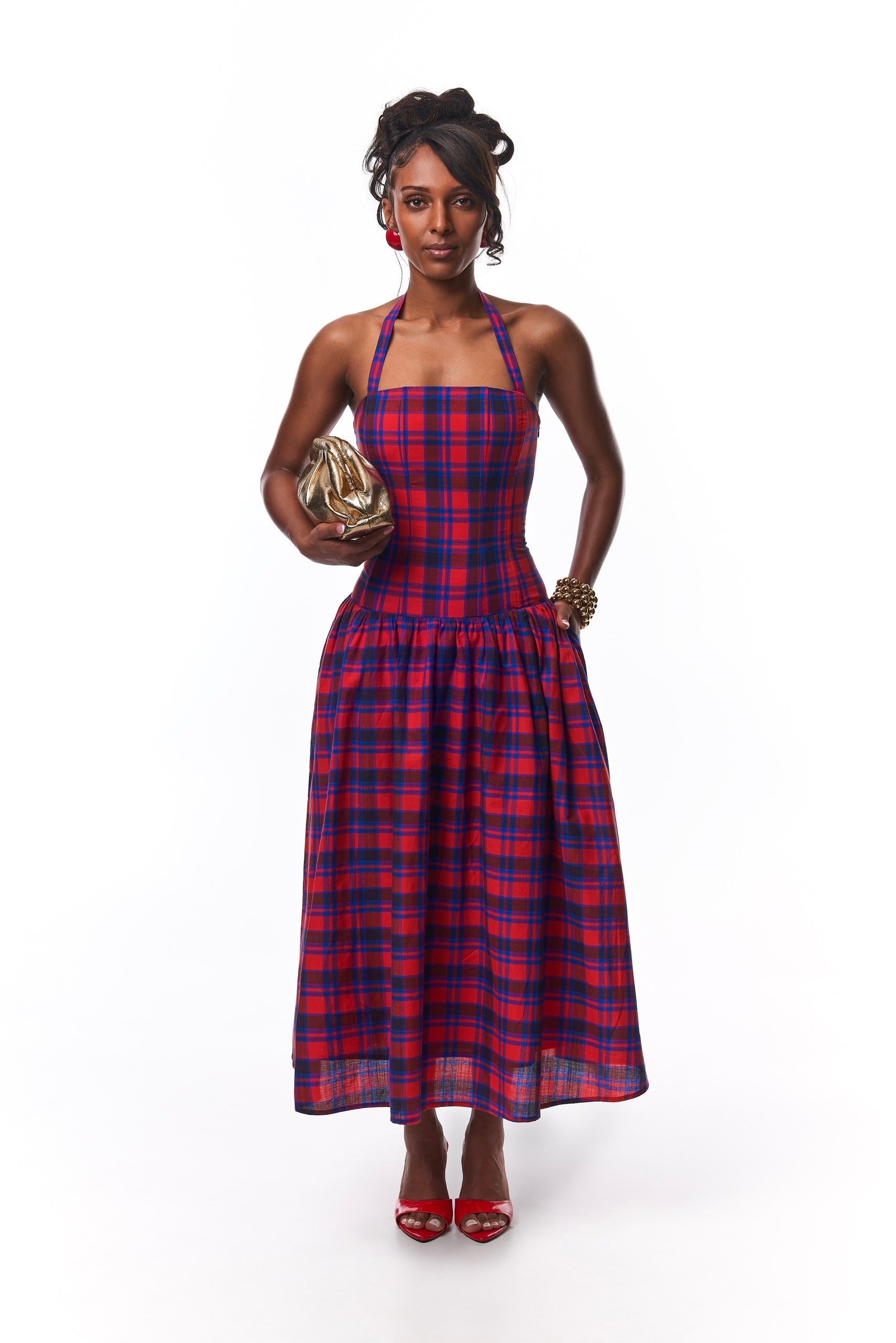 Faith Corset Plaid Midi Cotton Dress With Boning.