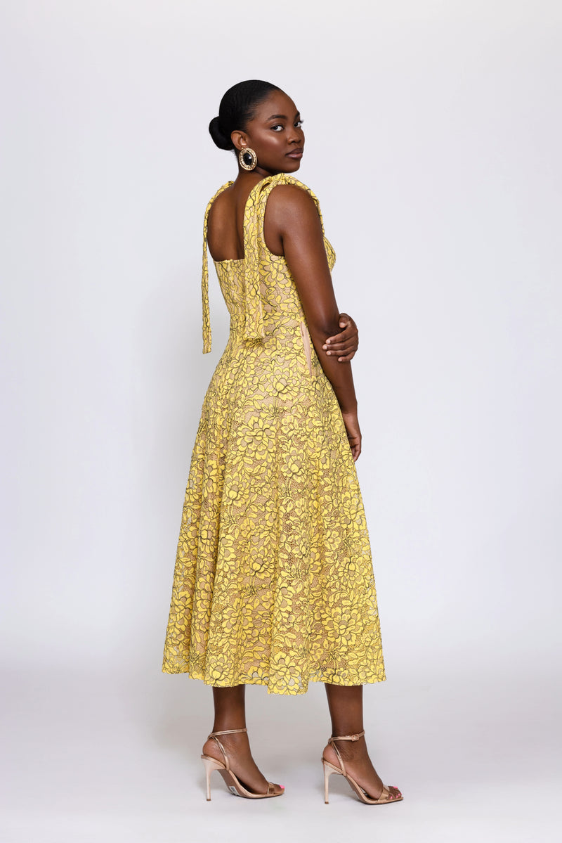 Ashley Lace Tie Midi Dress-Mustard