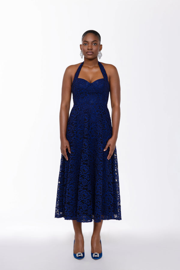 Ashley Lace tie Midi Dress In Navy