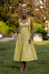 Ashley Lace Tie Midi Dress-Mustard