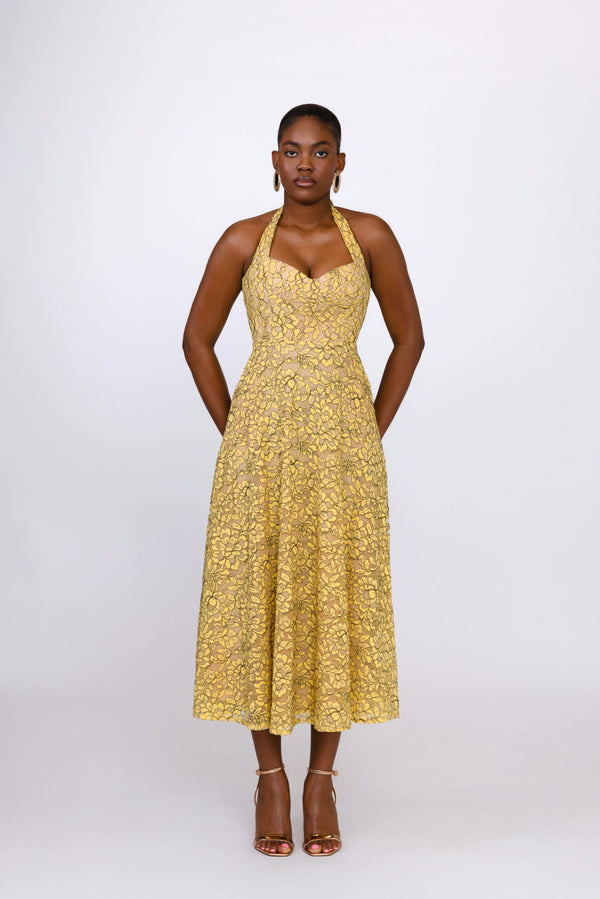Ashley Lace Tie Midi Dress-Mustard