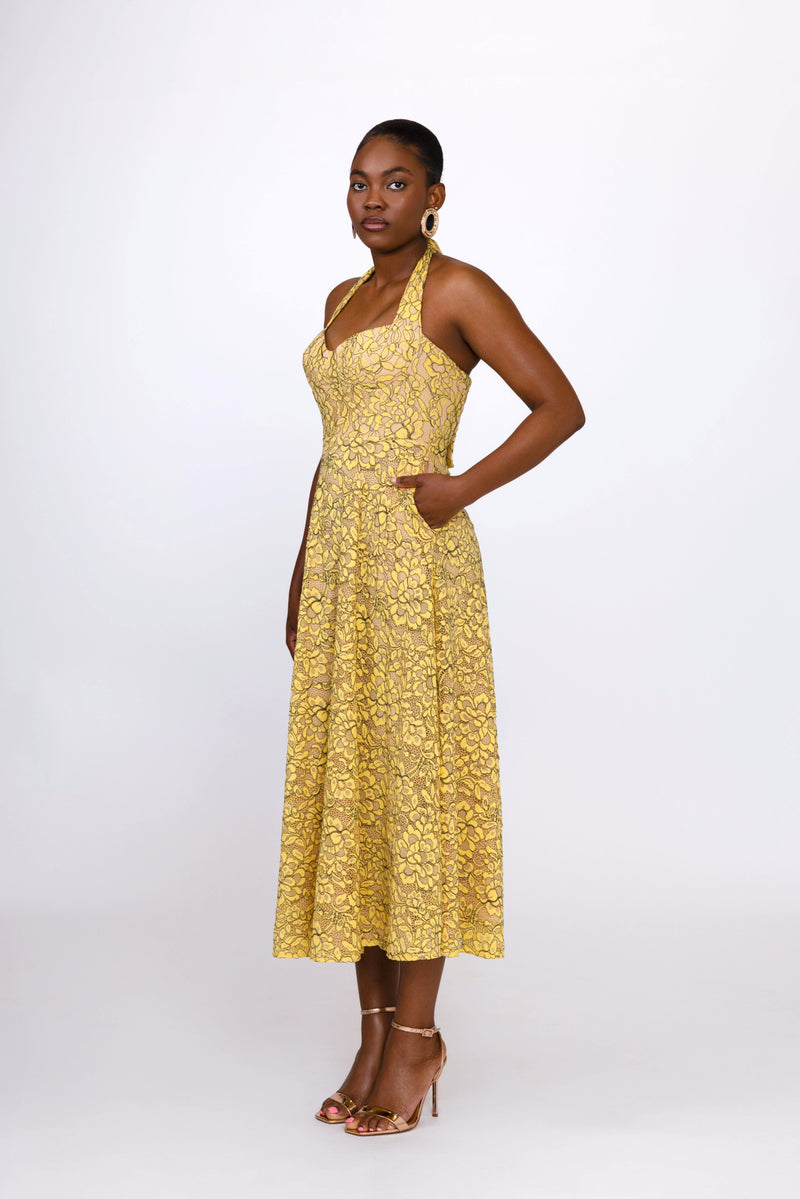 Ashley Lace Tie Midi Dress-Mustard