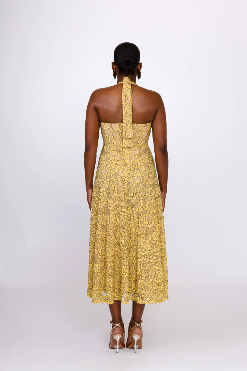 Ashley Lace Tie Midi Dress-Mustard
