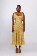 Ashley Lace Tie Midi Dress-Mustard