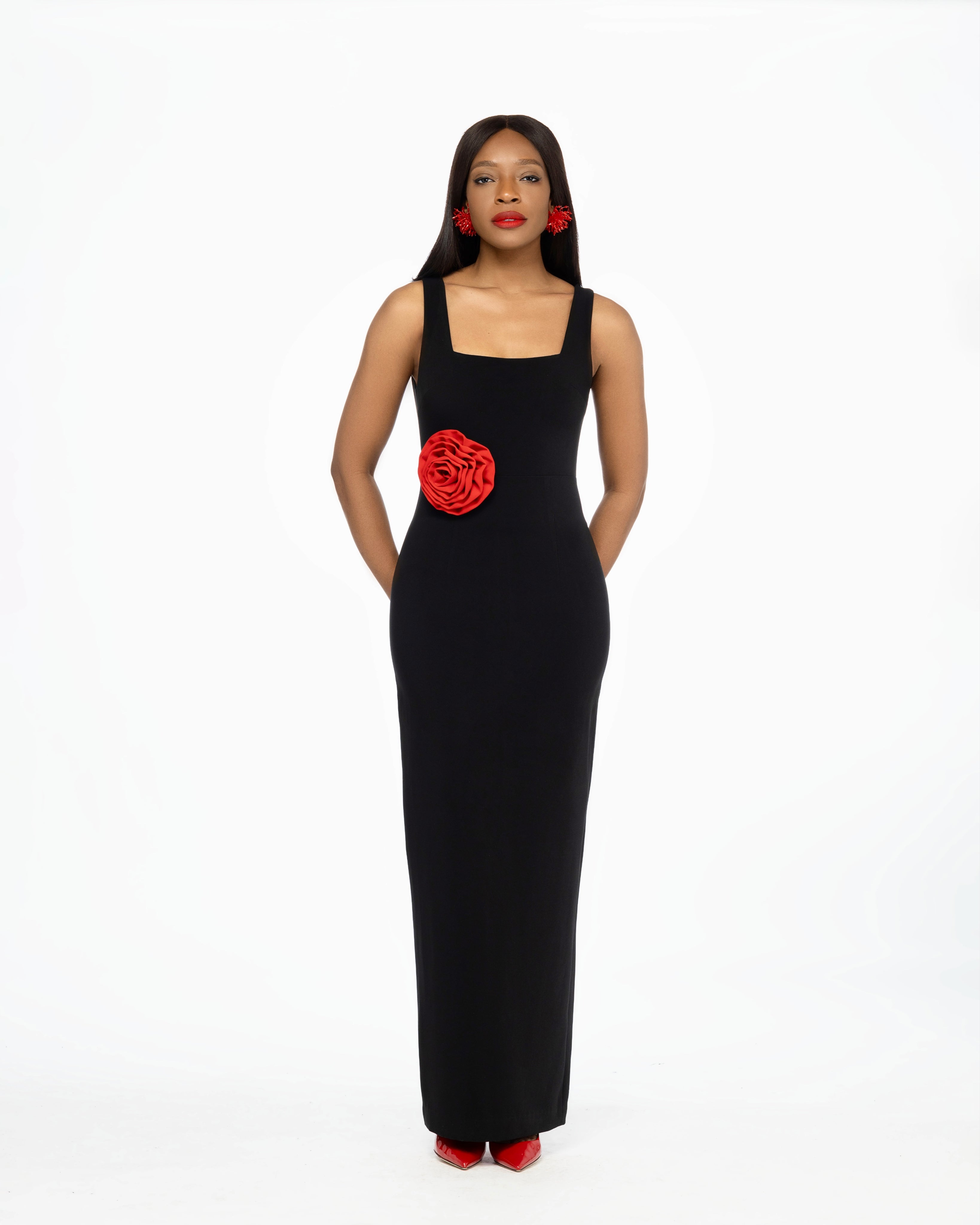 Flora Valentina Crepe Cut Out Maxi Dress In Black & Red