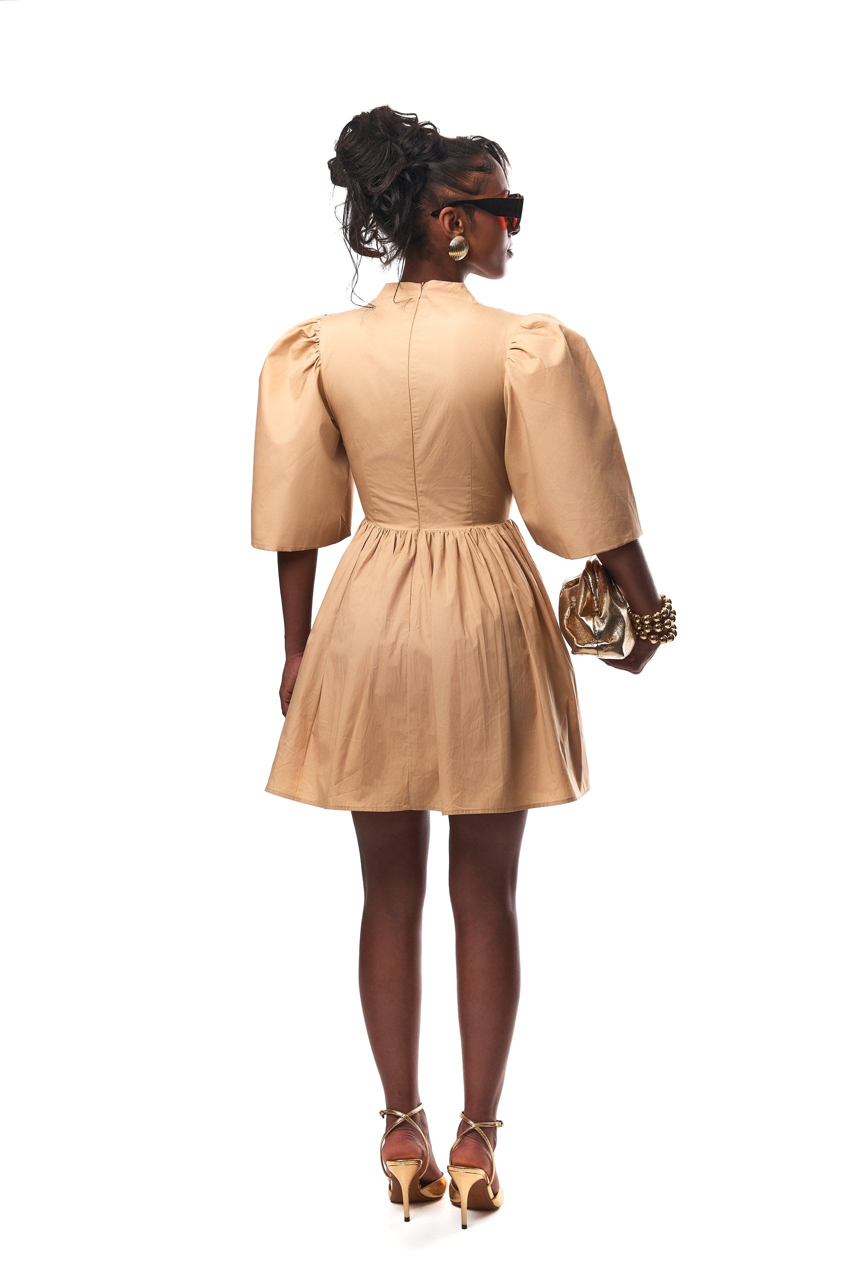 Gozi exaggerated sleeve Cotton Mini Dress In Oat
