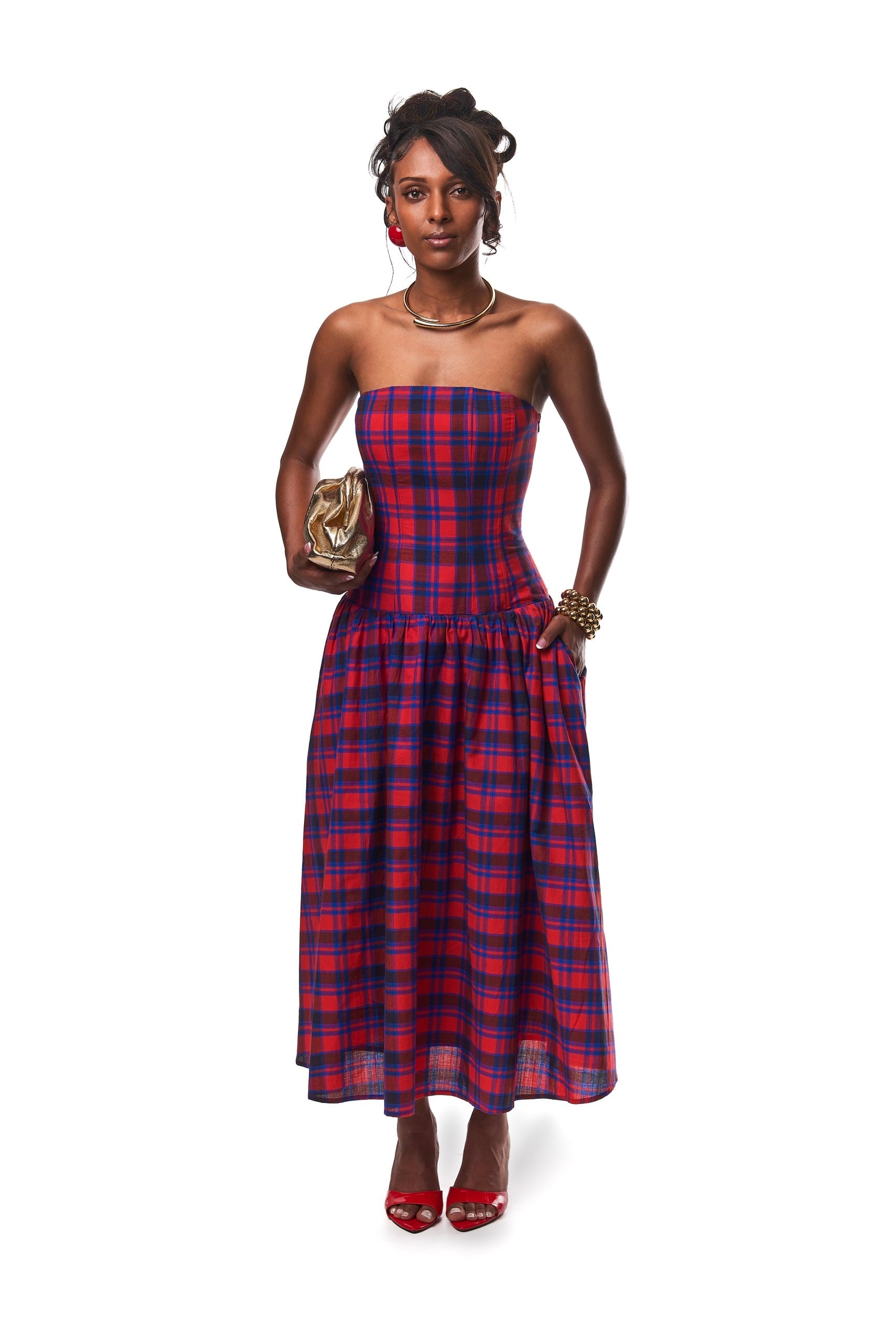 Faith Corset Plaid Midi Cotton Dress With Boning.