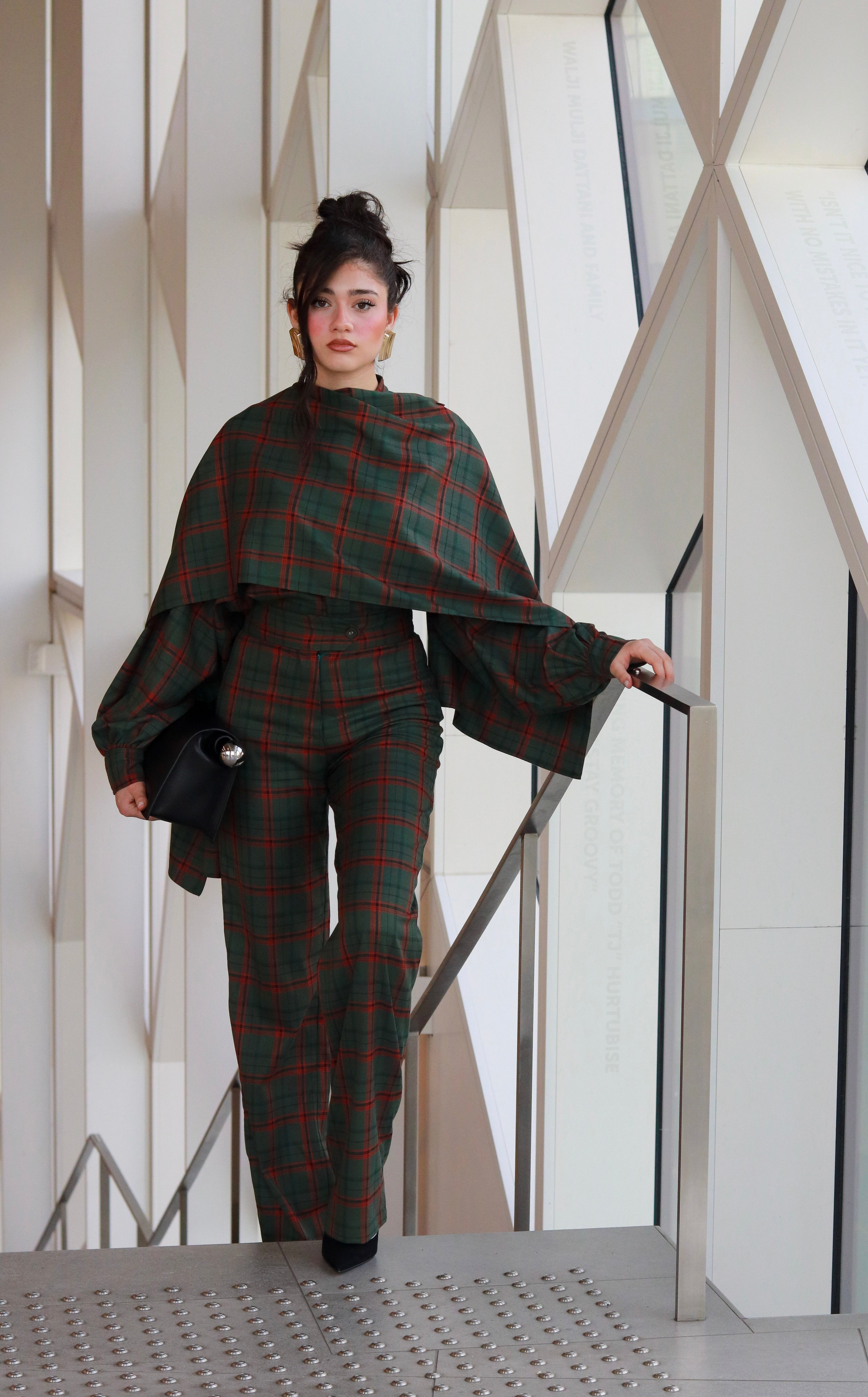 Taylor Plaid Button Down Blouse With Detachable Scarf & Hat