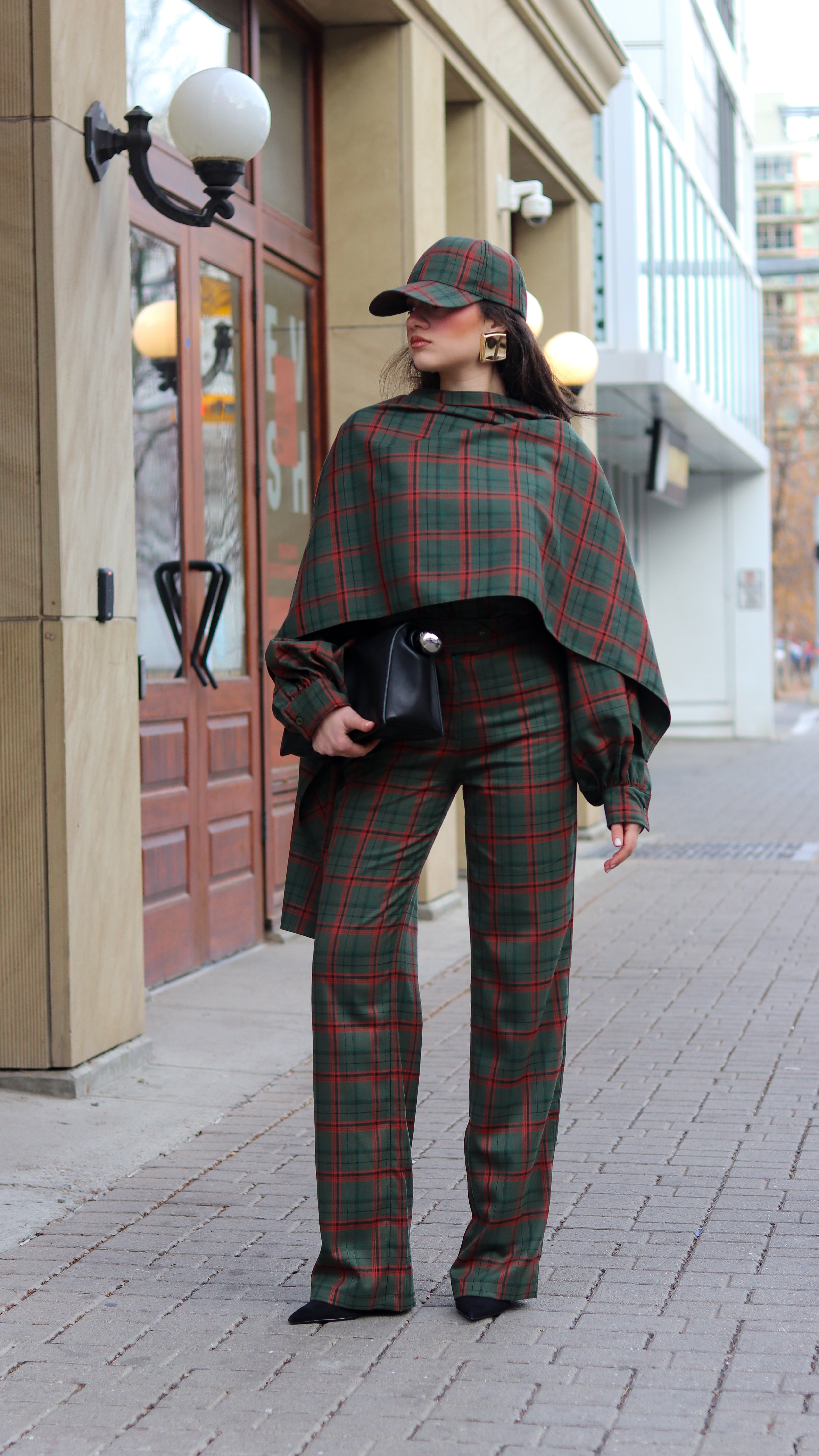 Taylor Plaid Button Down Blouse With Detachable Scarf & Hat