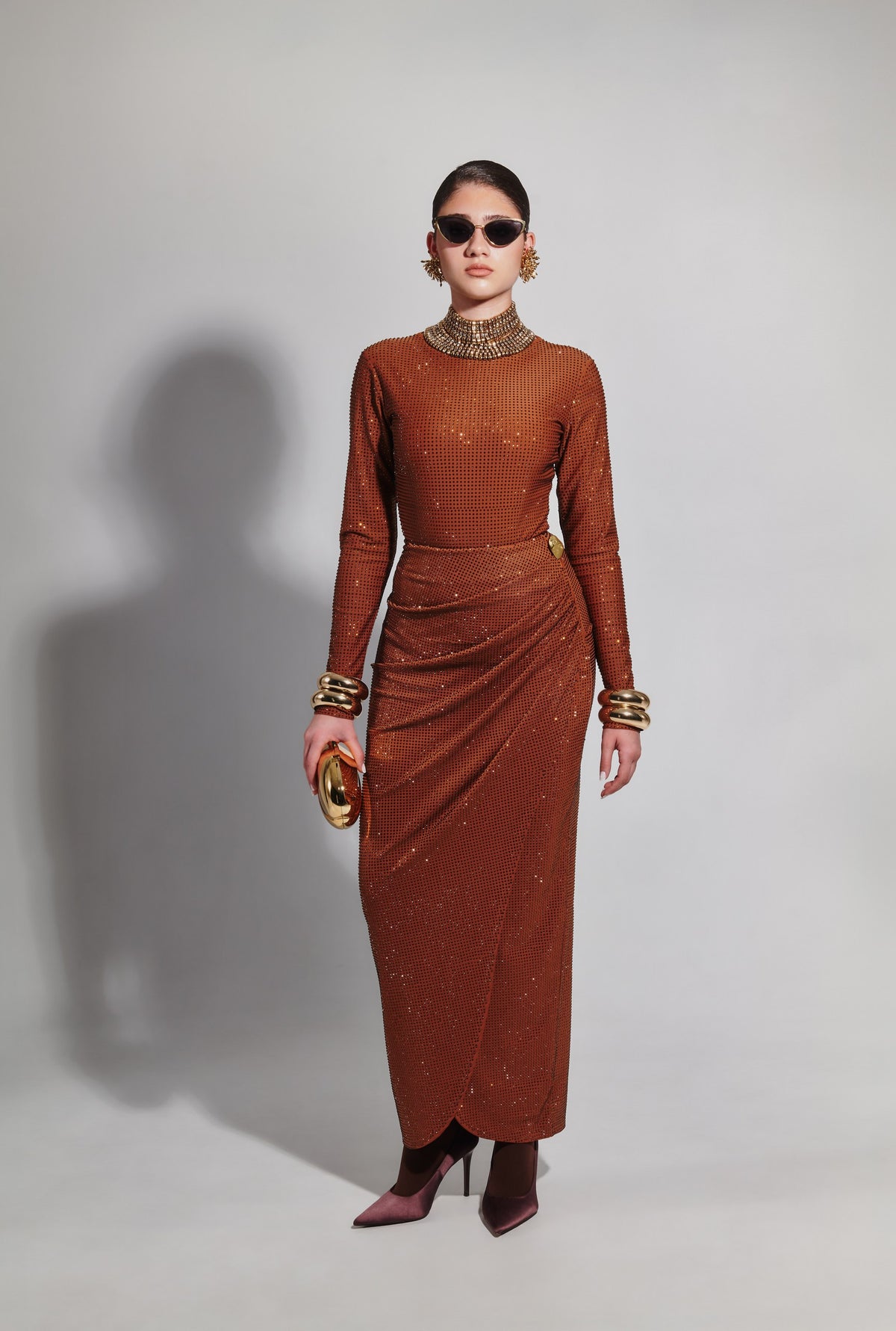 Gina Crystal Embellished stretch Bodysuit In Cocoa