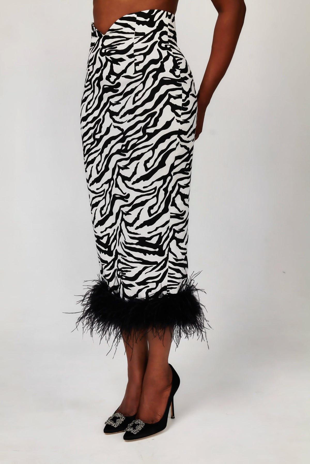 Oge Denim Zebra Pencil Skirt with Ostrich Feather Hem