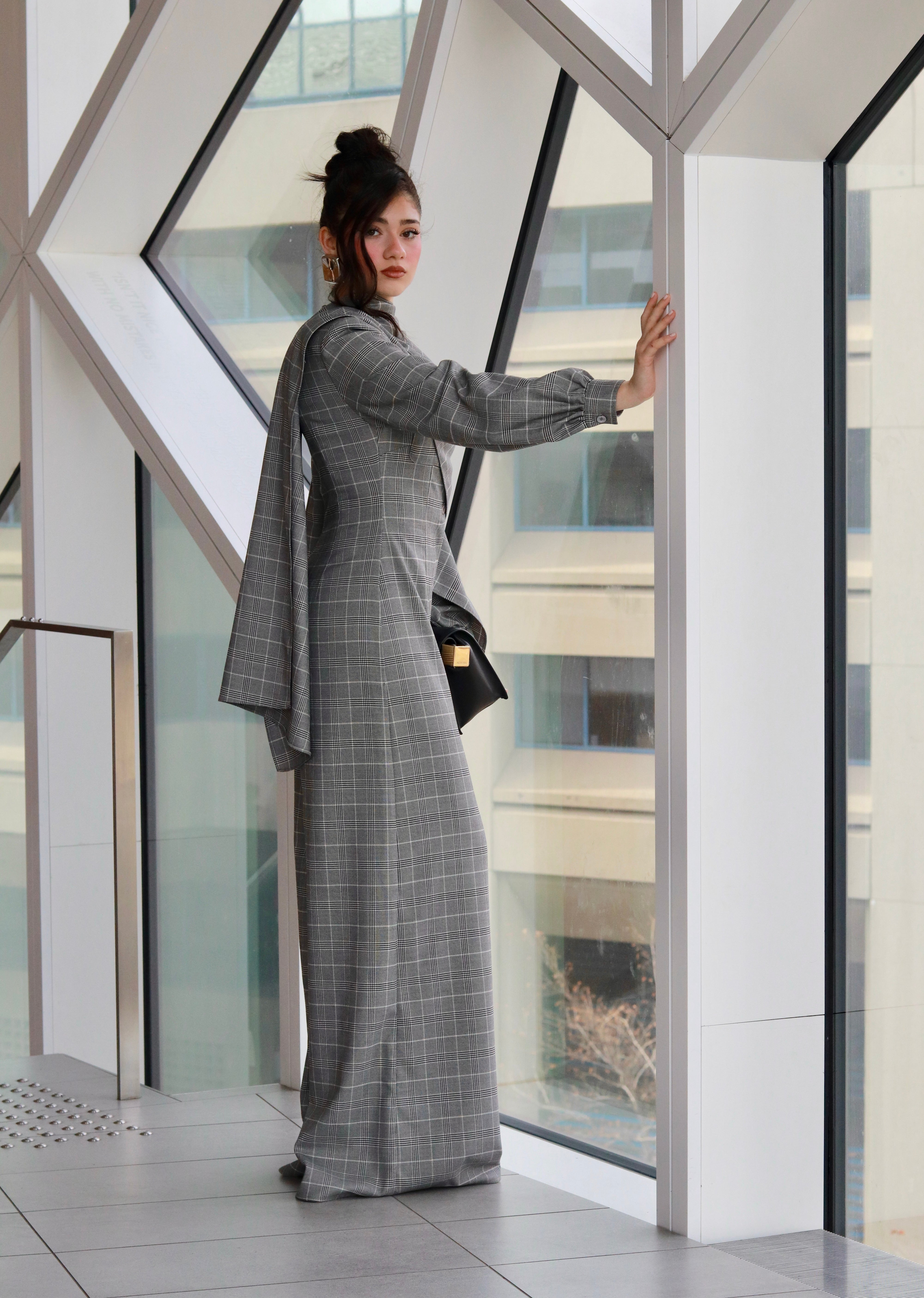 Sasha Wide Leg Check Jumpsuit With Detachable Scarf