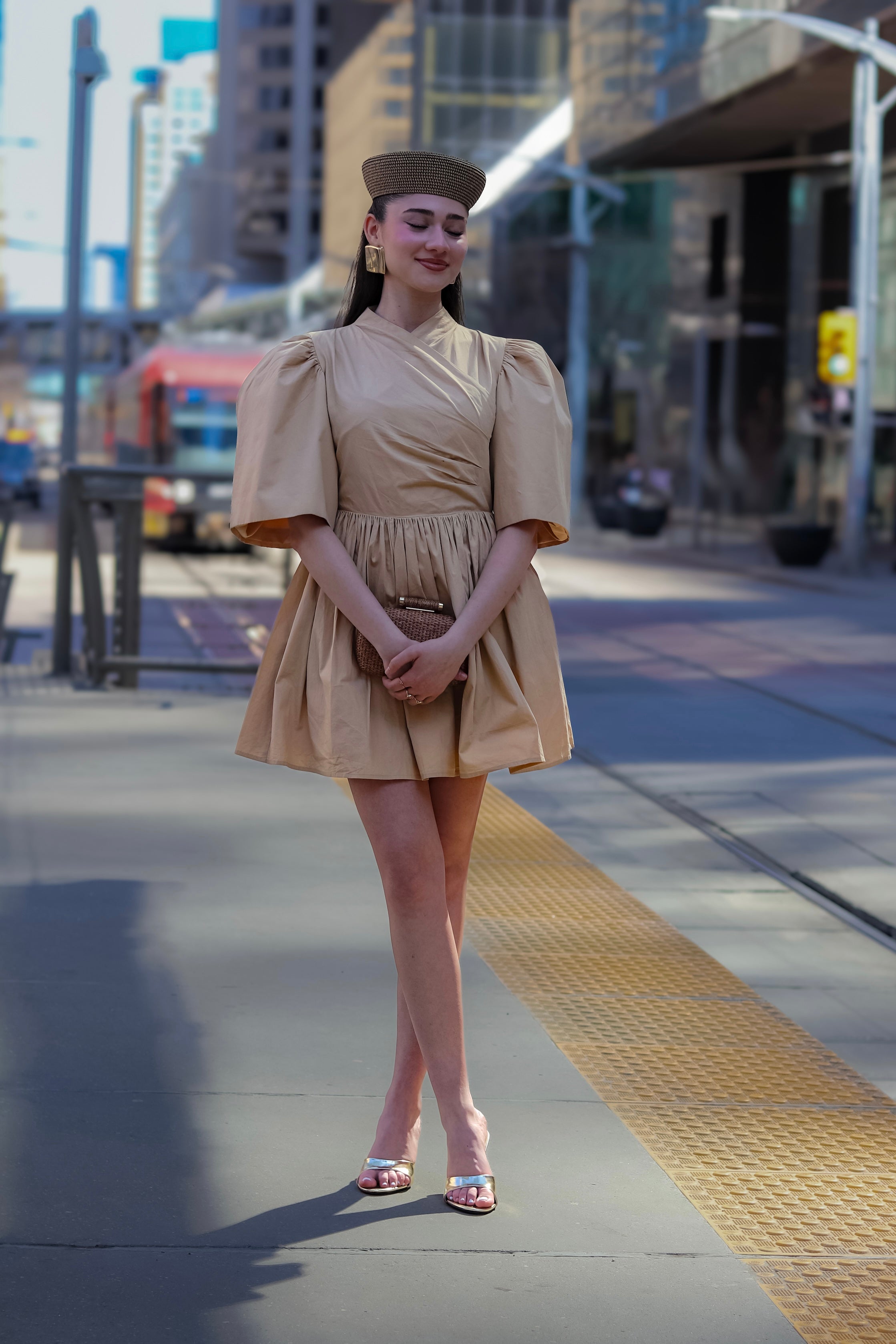 Gozi exaggerated sleeve Cotton Mini Dress In Oat