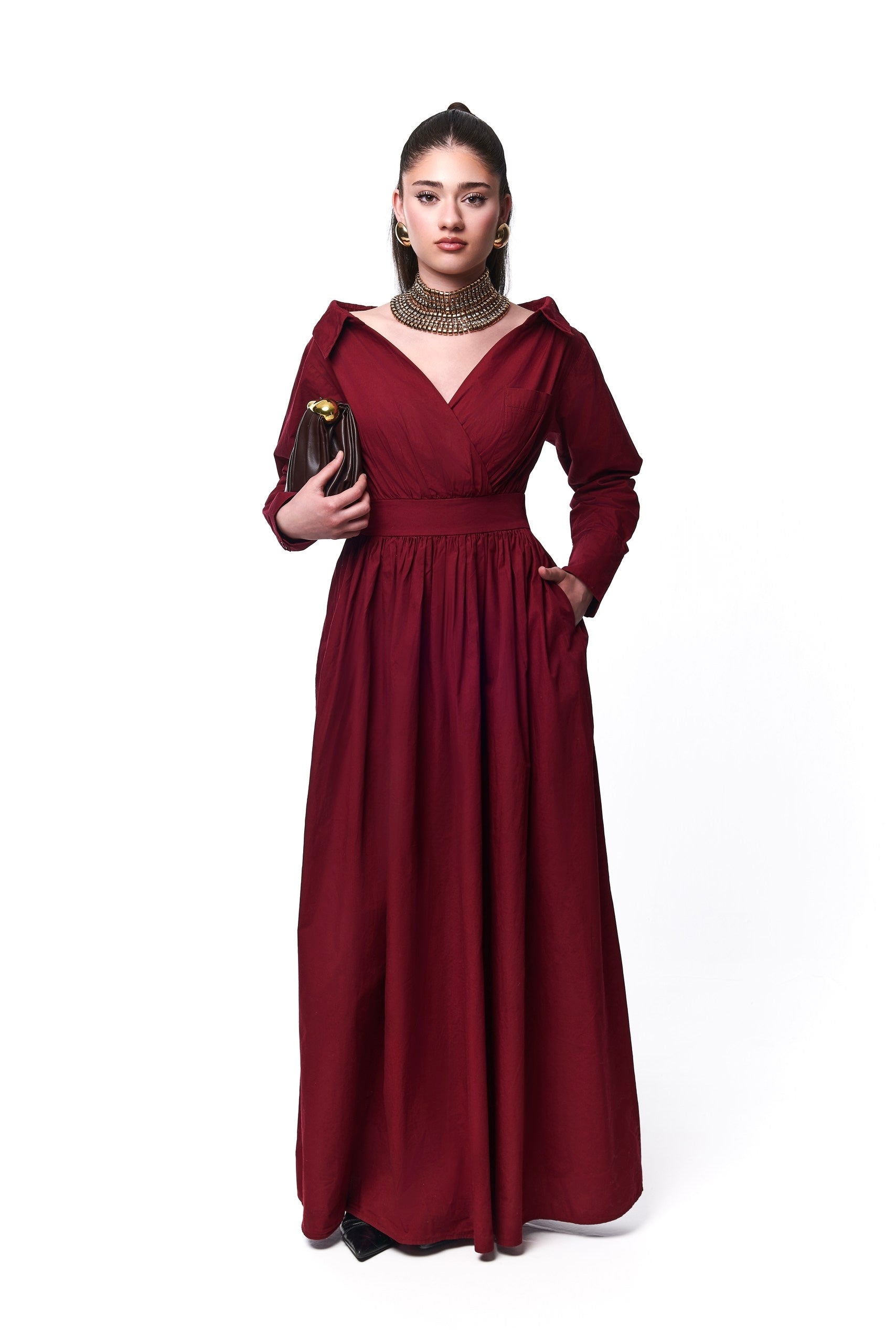 Ada Off Shoulder Cotton Maxi Length Shirt Dress In Burgundy