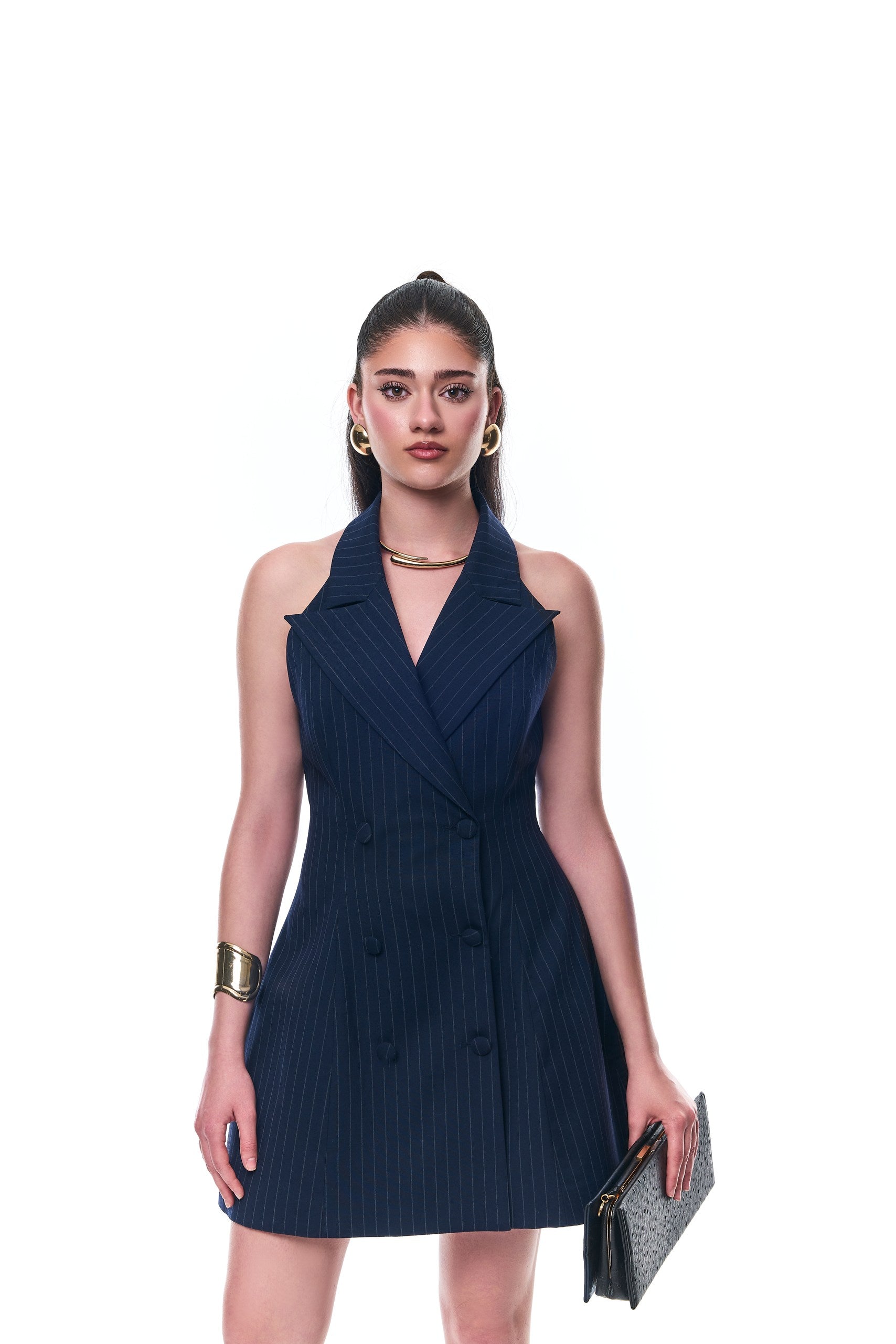 Claudia  Navy Blue Pinstripe Halter neck belted mini dress