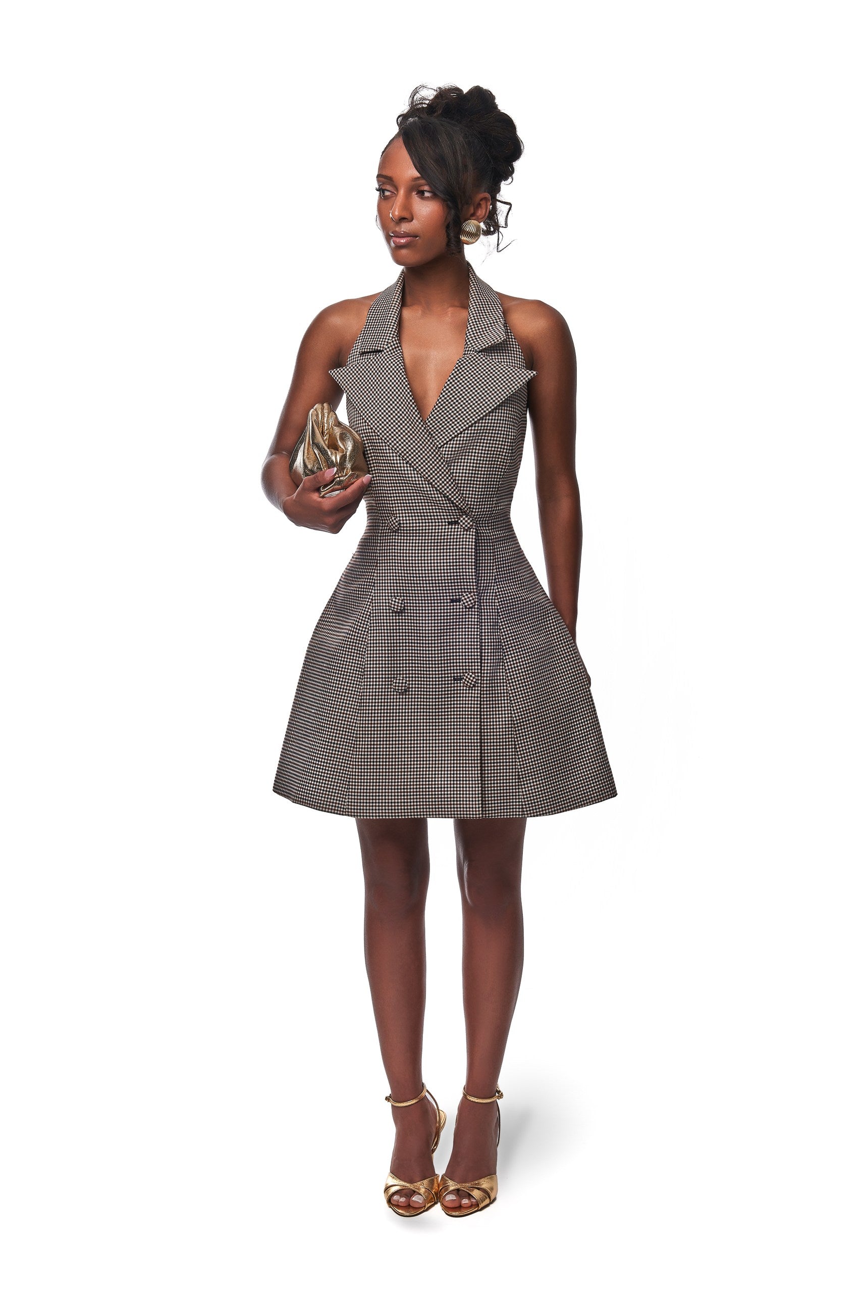 Claudia Check Halter neck belted mini dress